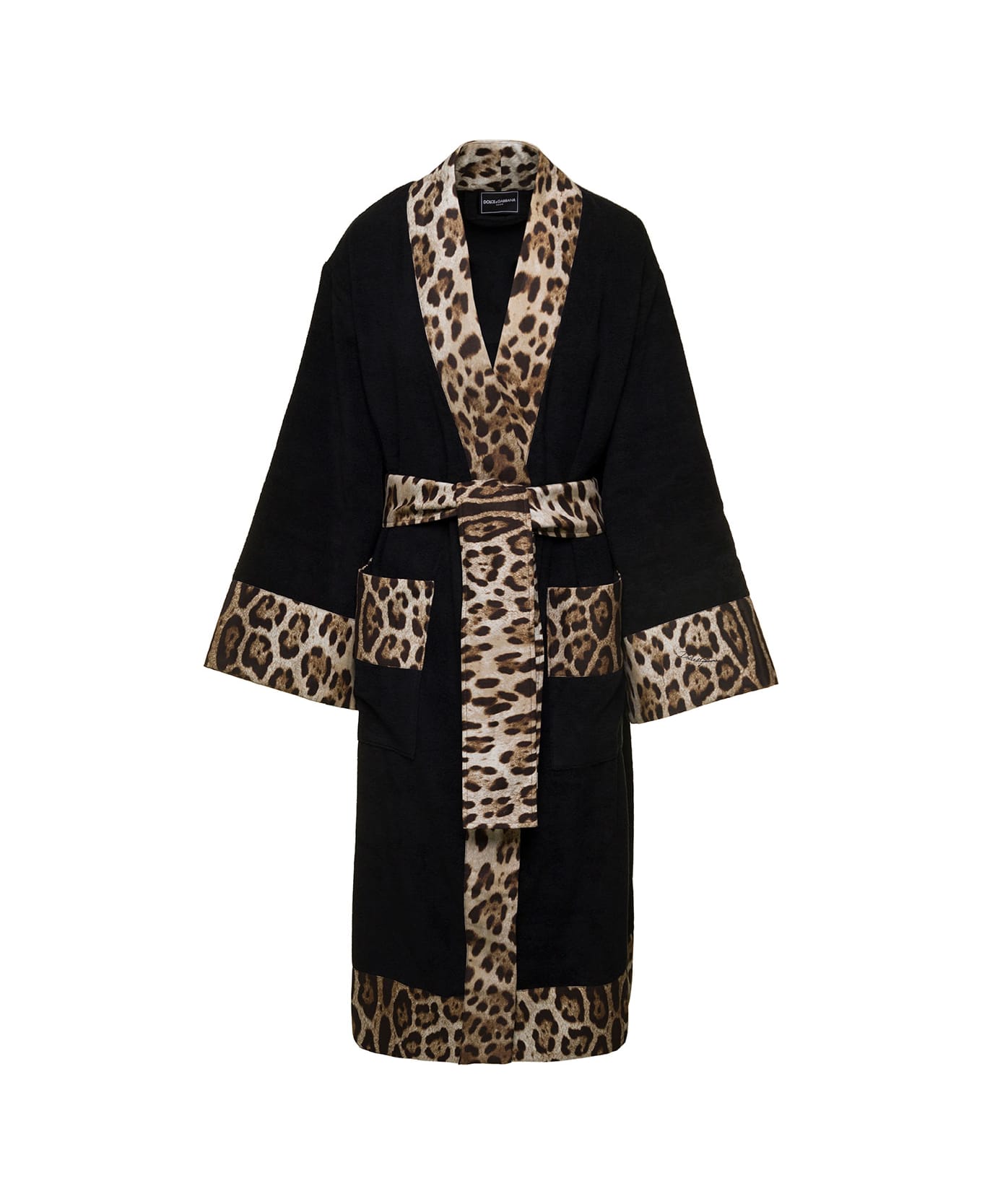Dolce & Gabbana Black Kimono Bathrobe With Leopard Trim In Cotton Dolce & Gabbana - Black