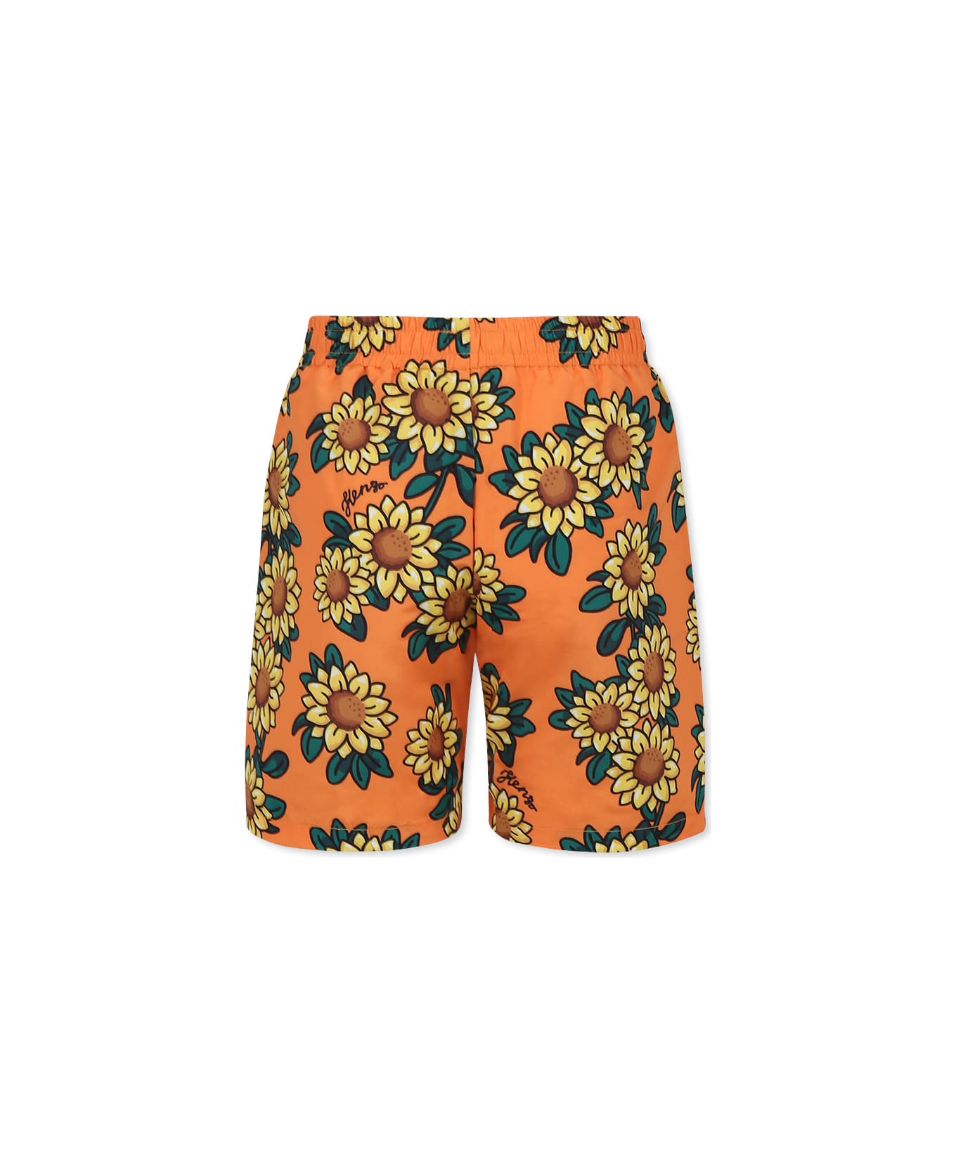 Kenzo Kids Orange Swim Shorts For Boy With Sunflower Print And Black Logo - Orange