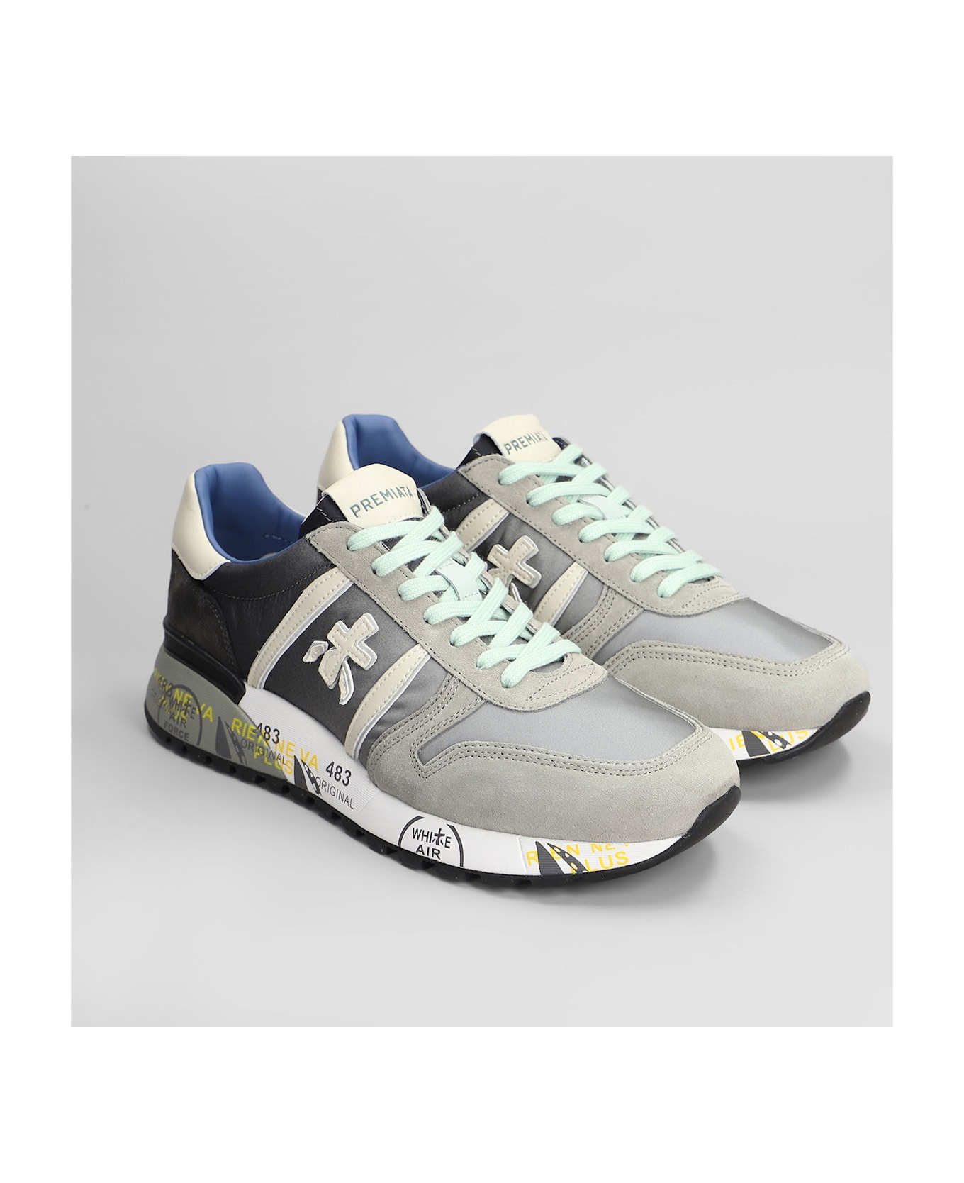 Premiata Lander Sneakers In Grey Suede And Fabric - grey