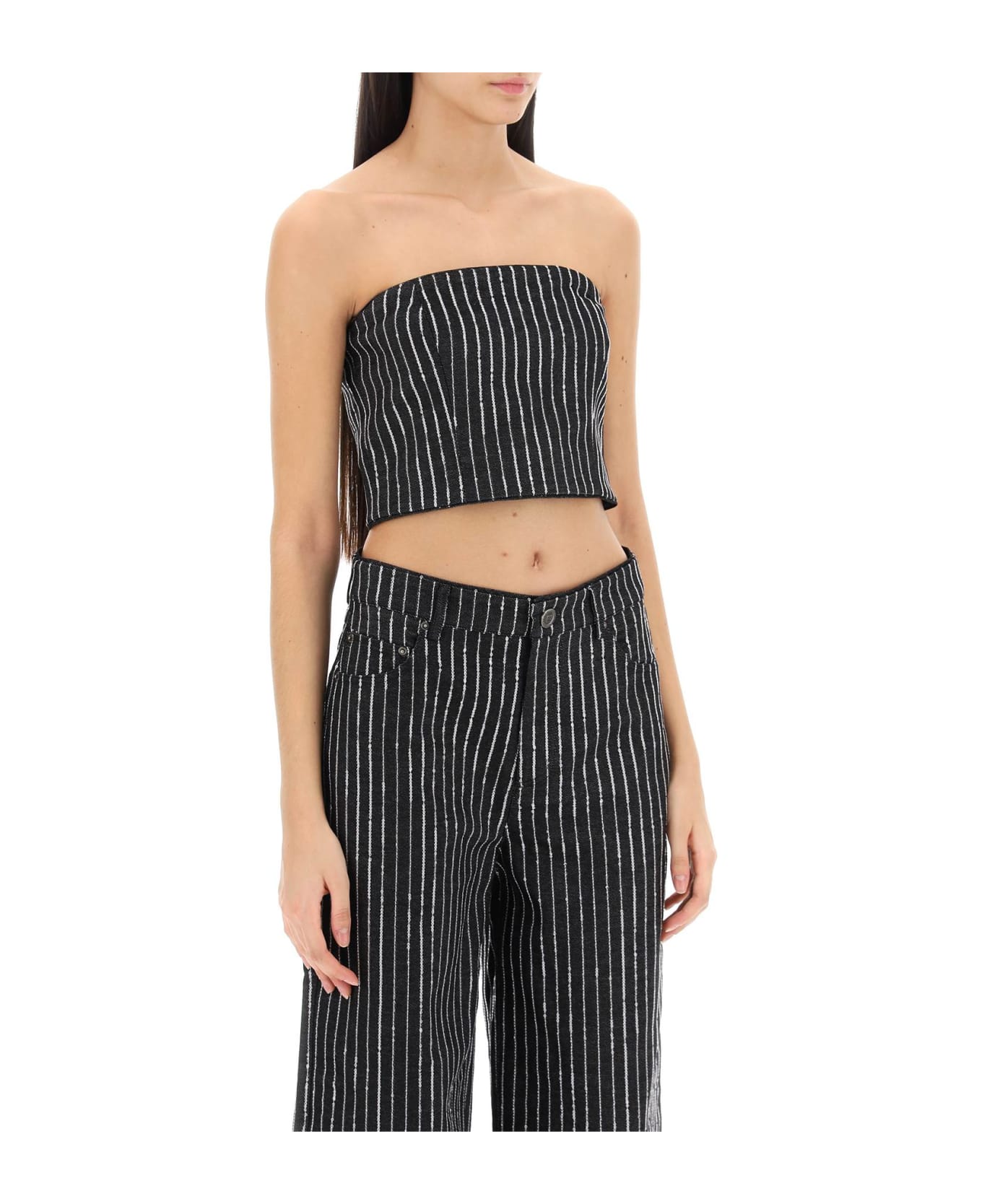 Rotate by Birger Christensen Cropped Top With Sequined Stripes - BLACK (Black) トップス