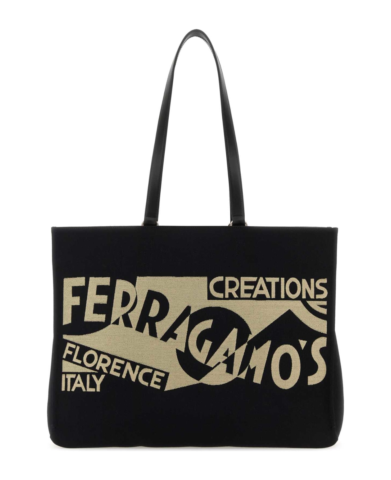 Ferragamo Black Canvas Large Tt Sign Shopping Bag - NERONERONERO