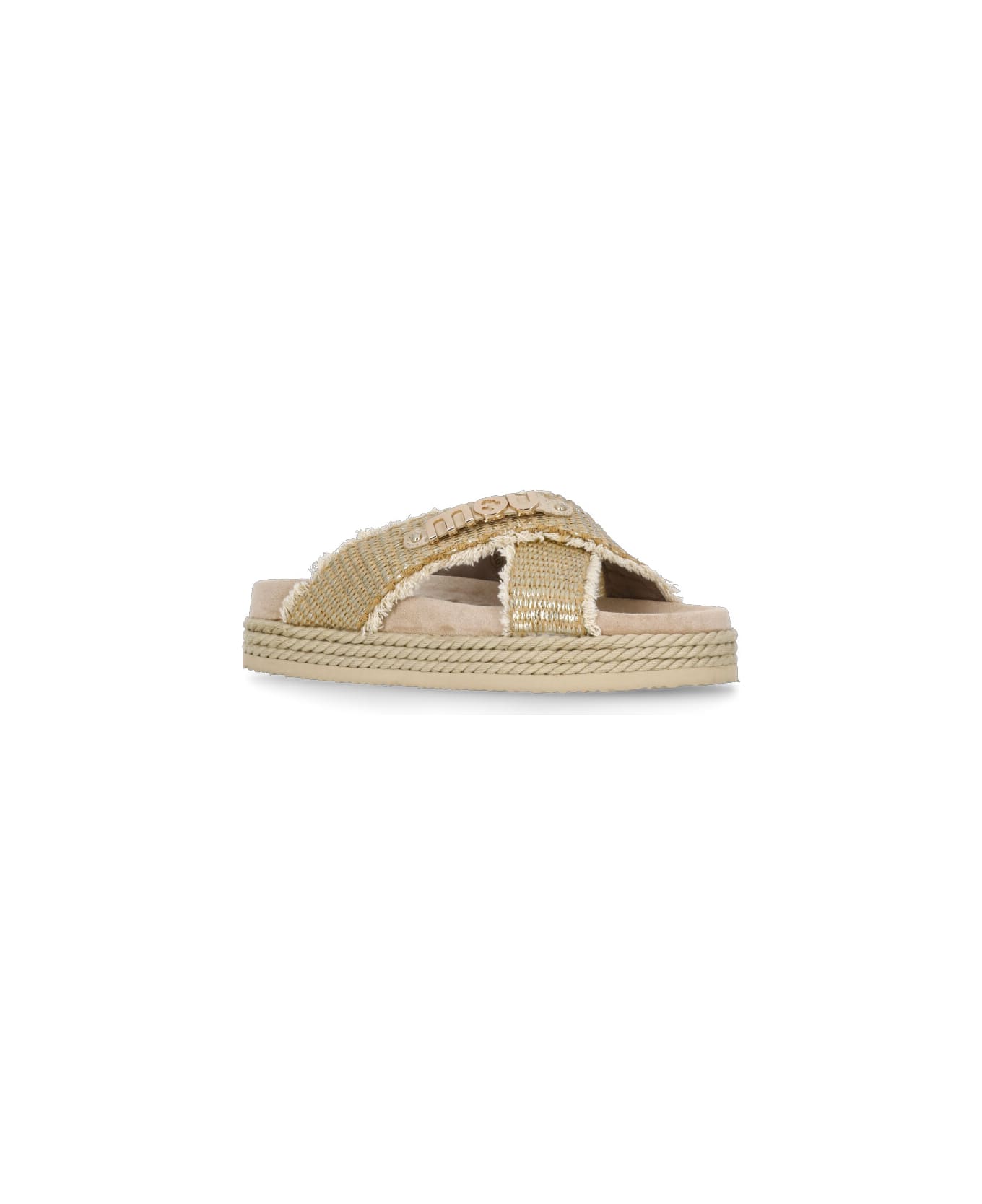 Mou Crisscross Flats In Beige Raffia - Golden