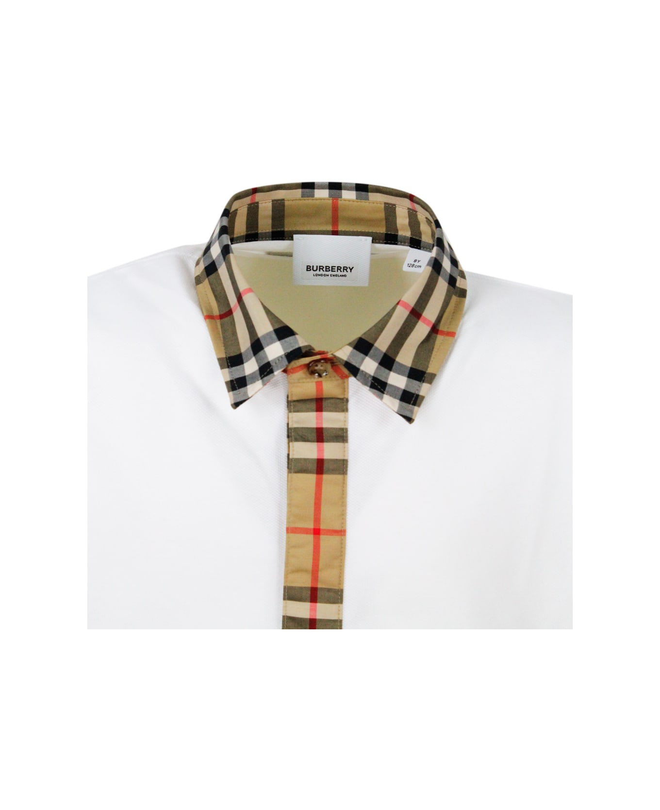 Burberry Piqué Cotton Polo Shirt With Classic Check Collar And Front With Side Slits - White