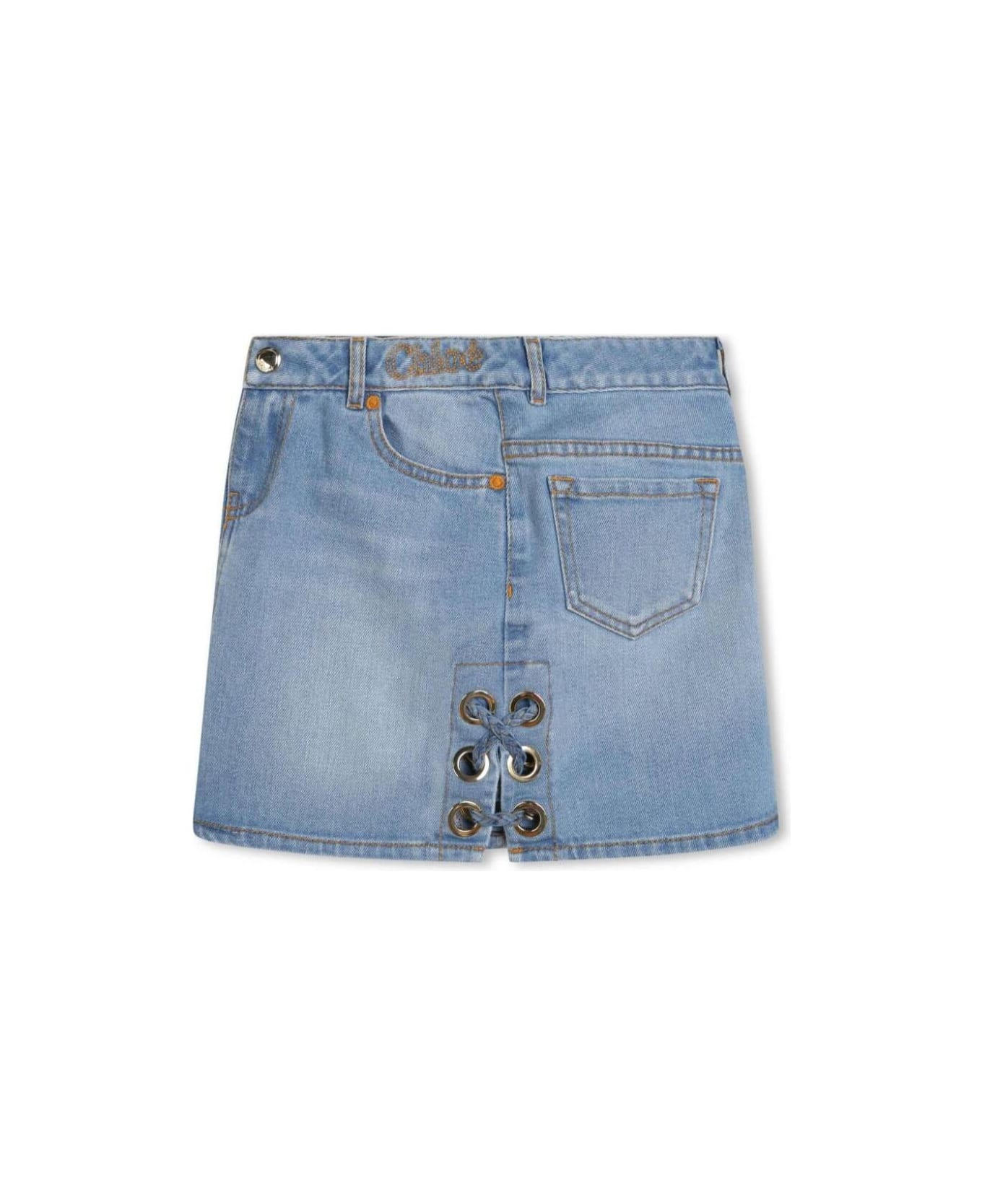 Chloé Mini Light Blue Skirt With Eyelets And Logo Embroidery In Cotton Denim Girl - Grey