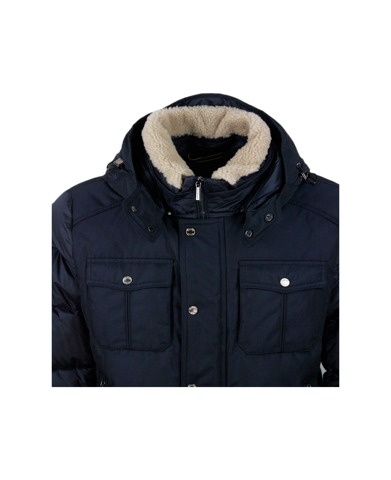 Moorer Bomber Jacket Padded With Goose Feathers With Removable Hood And Collar In Curly Sheepskin, Front And Shoulders In Material, Closure With Zip And Butt - Blu ダウンジャケット