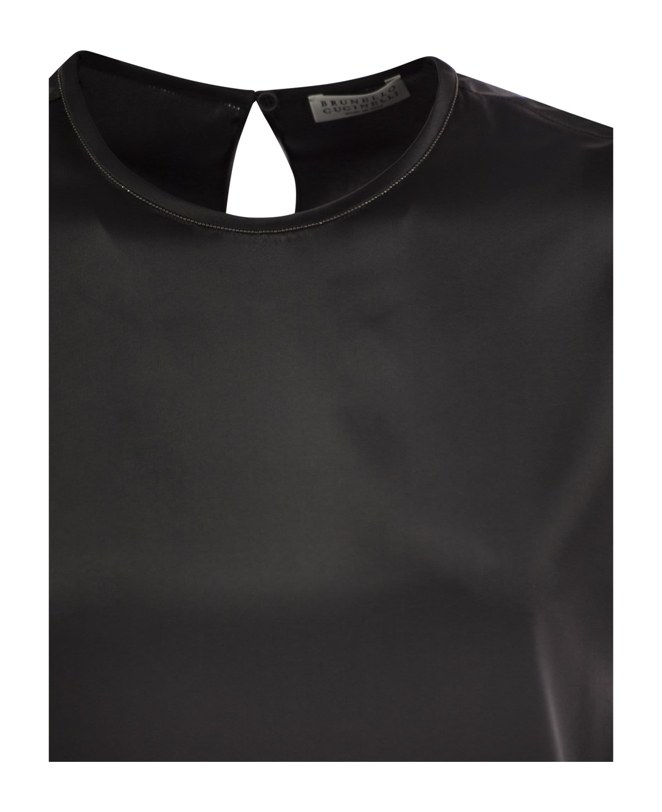 Brunello Cucinelli Stretch Silk Satin T-shirt With Necklace - Anthracite