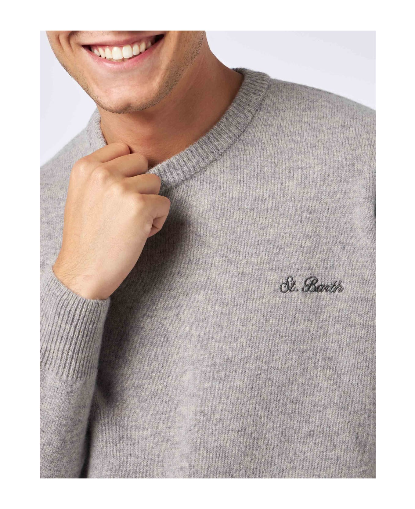 MC2 Saint Barth Man Crewneck Grey Melange Sweater With St. Barth Embroidery - GREY