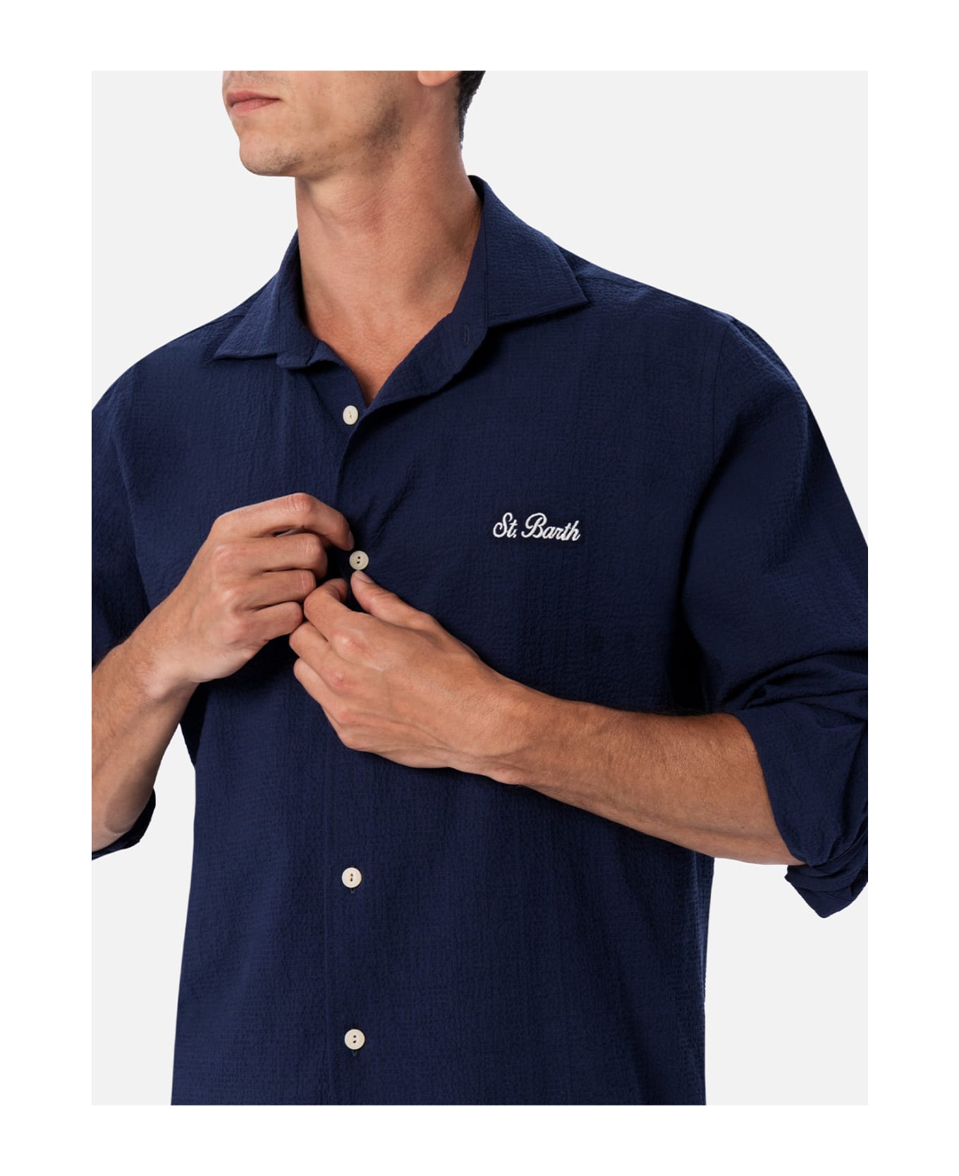 MC2 Saint Barth Man Seersucker Blue Cotton Shirt Pamplona - BLUE