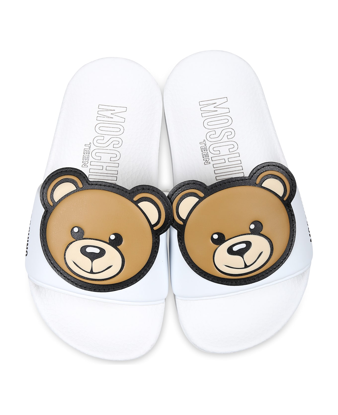 Moschino White Slippers For Kids With Teddy Bear - White