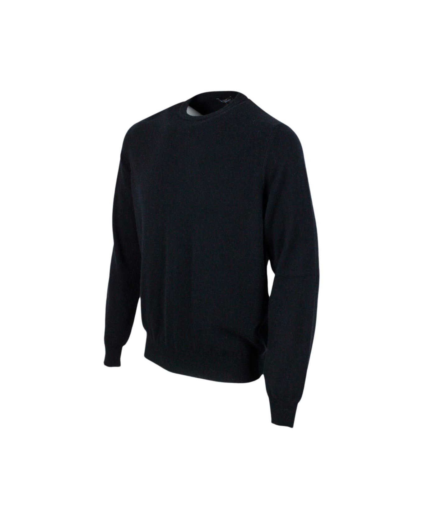 Colombo Long-sleeved Crewneck Sweater In Fine 2-ply 100% Kid Cashmere With Special Processing On The Edge Of The Neck - Black