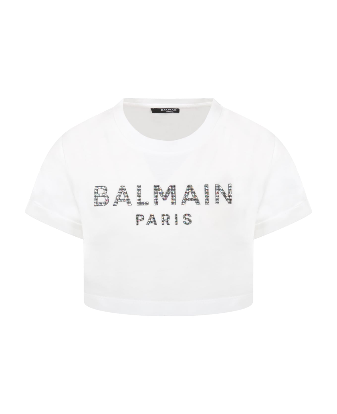 Balmain White T-shirt For Girl With Rhinestoned Logo - Bianco
