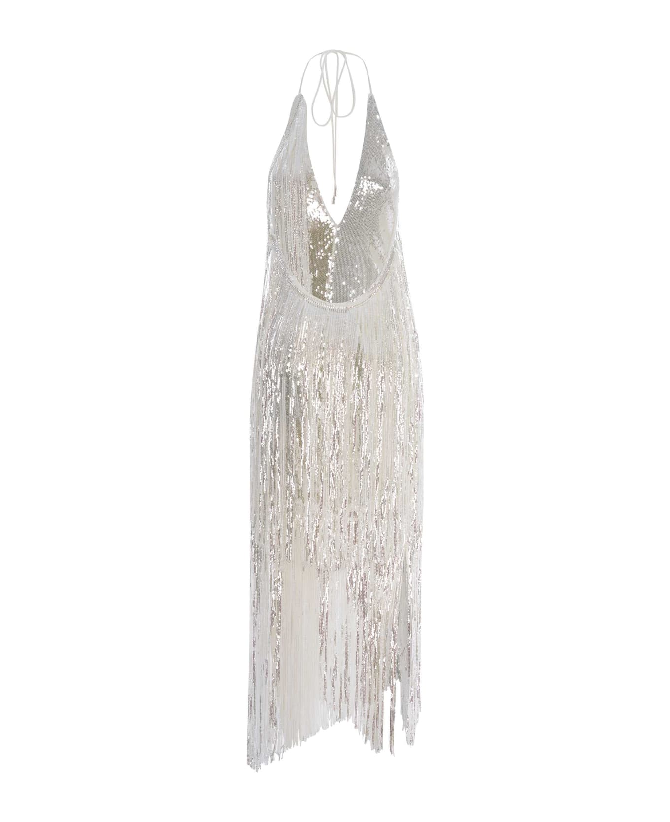 Rotate by Birger Christensen Sequin Embellished Fringed Midi Dress - Bianco