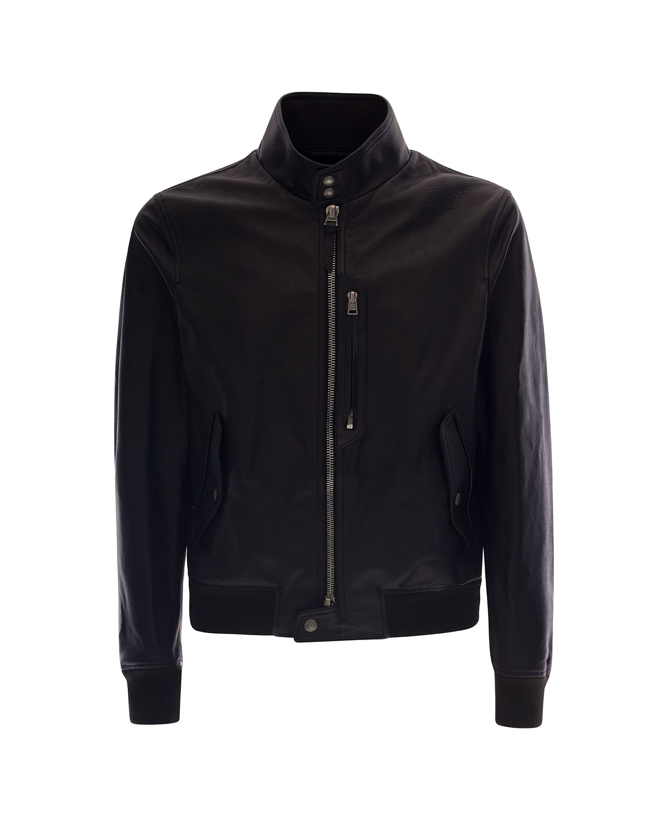 Tom Ford Black High Neck Jacket With Zip In Leather Man - Black