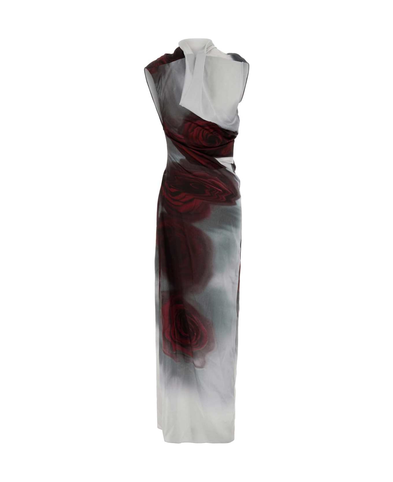 Jean Paul Gaultier Printed Satin Long Dress - WHITEGREYRED