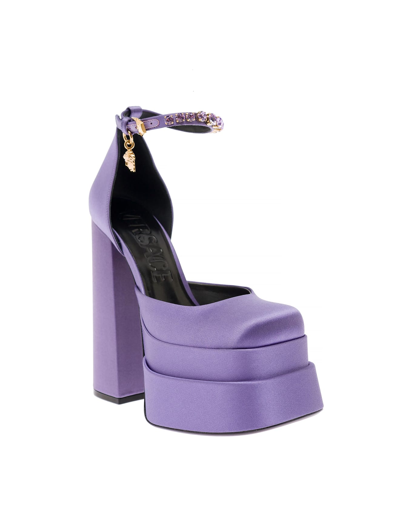 Versace Mary Jane Lilac Satin Pumps With Medusa Charm Versace Woman - Violet