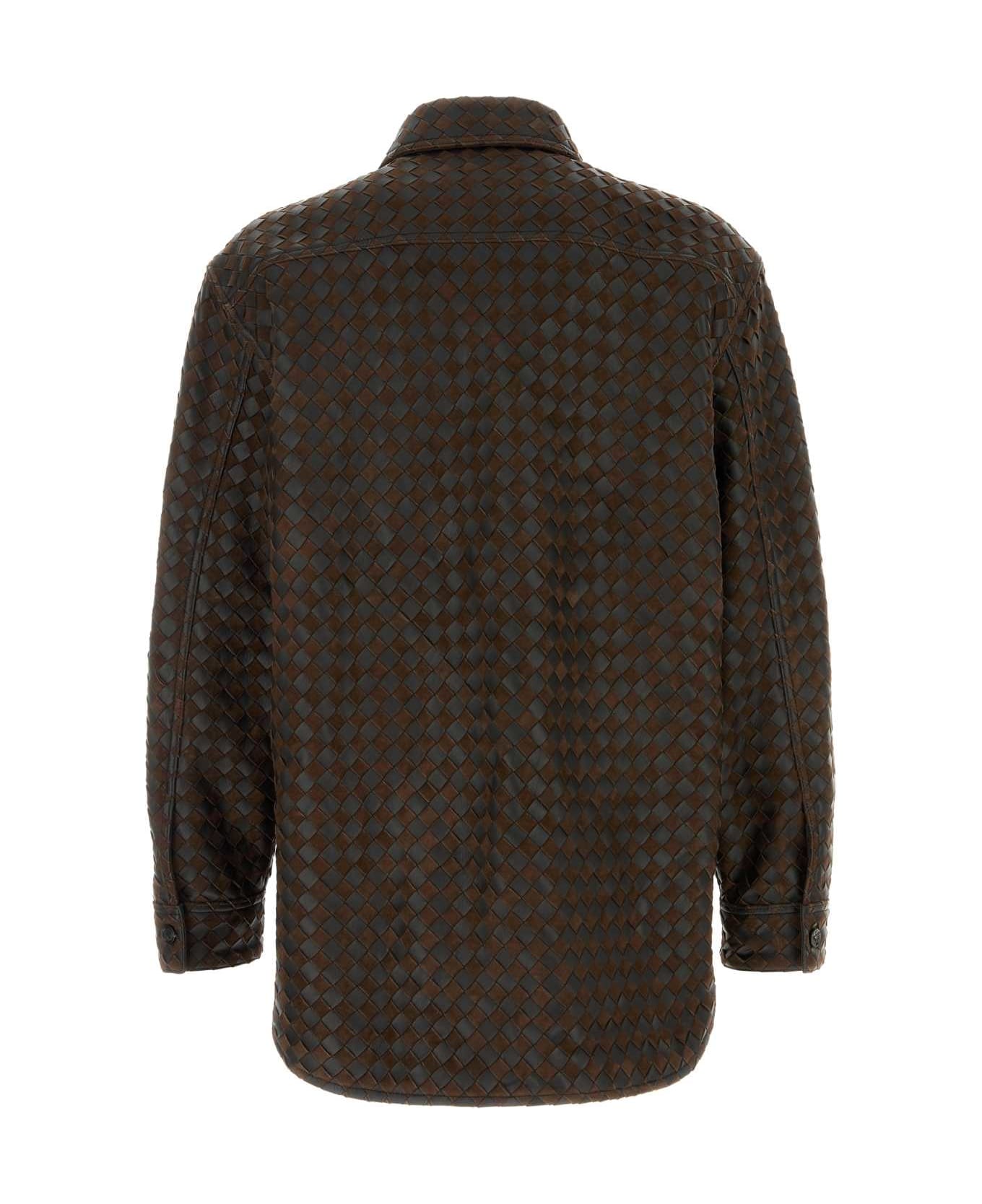 Bottega Veneta Two-tone Leather And Suede Intrecciato Shirt - FONDANT