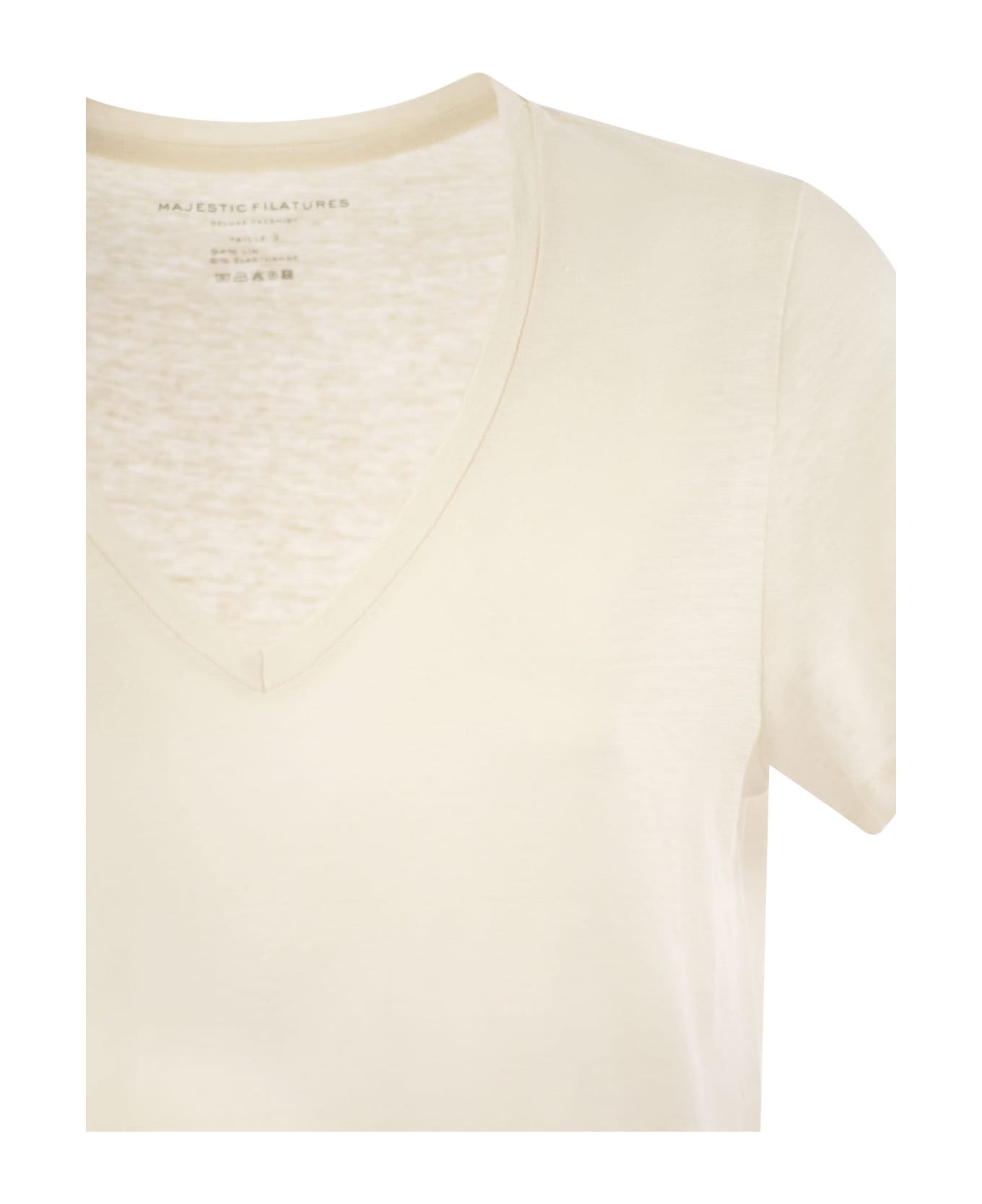 Majestic Filatures Linen V-neck T-shirt With Short Sleeves - Cream