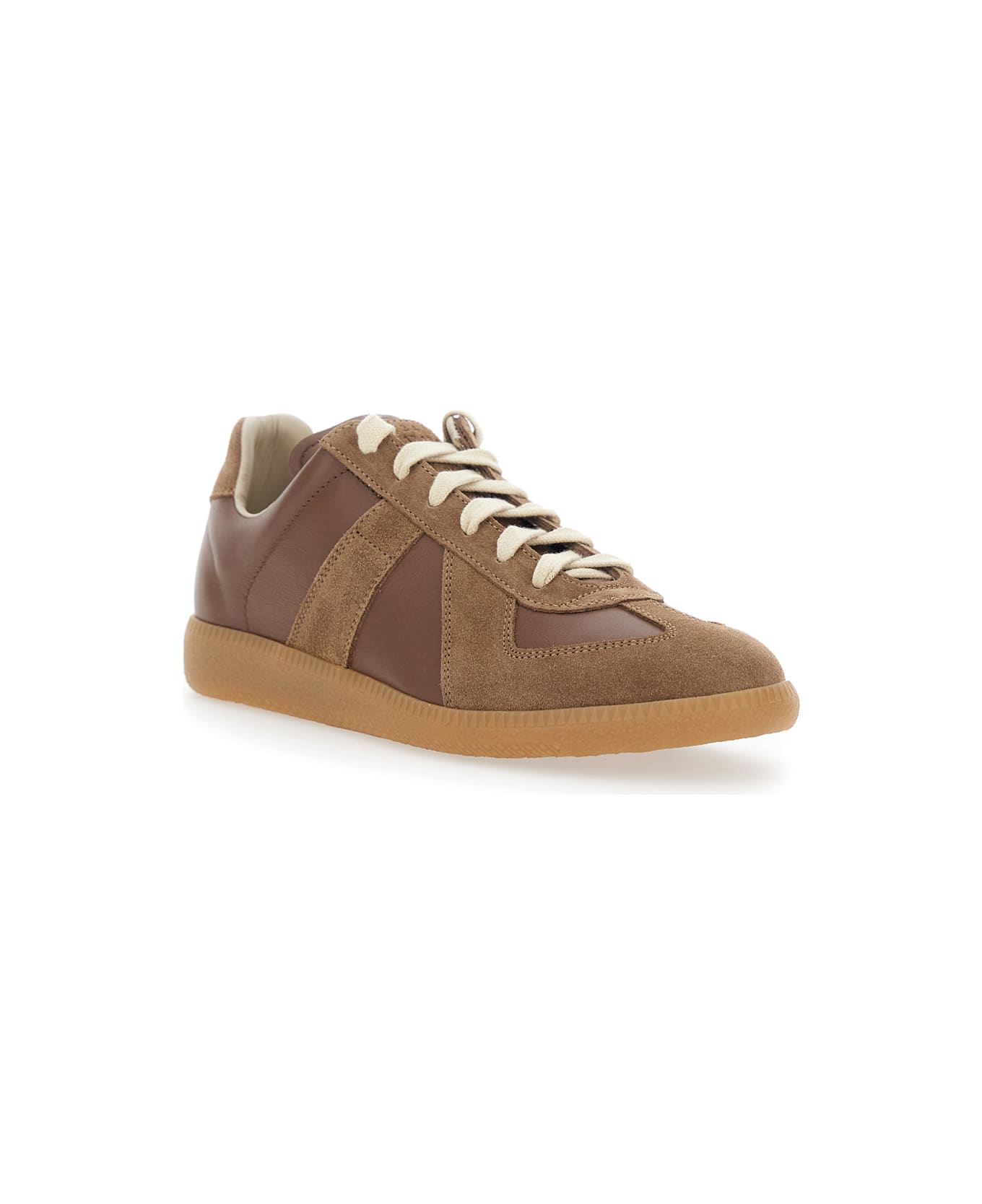 Maison Margiela 'replica' Brown Low Top Sneakers With Suede Details And Logo On The Tongue In Leather Woman - Brown