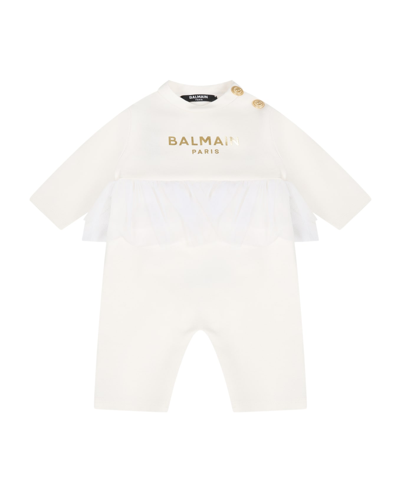 Balmain White Babygrow For Baby Girl With Logo - White