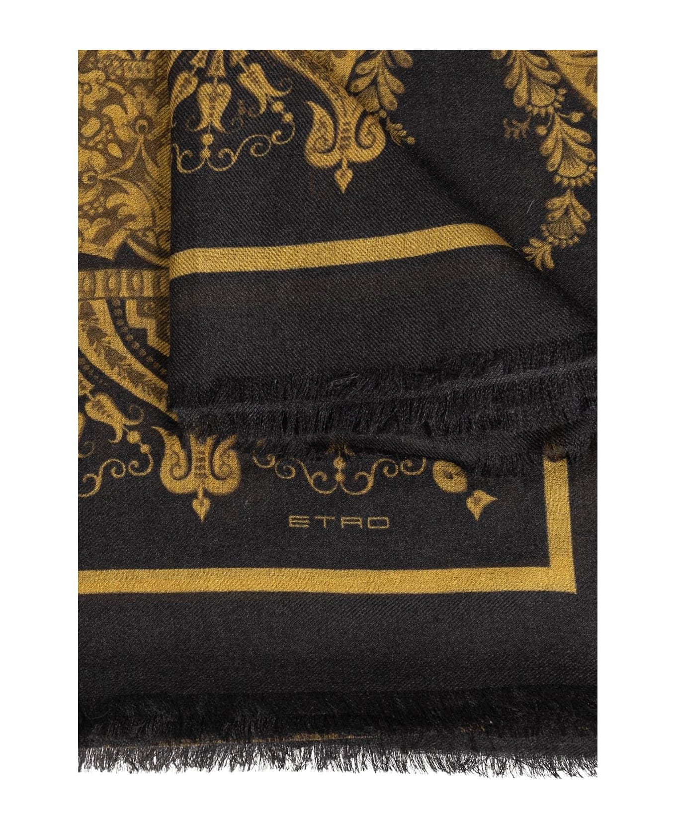 Etro Pattern Printed Fringed Scarf - Black