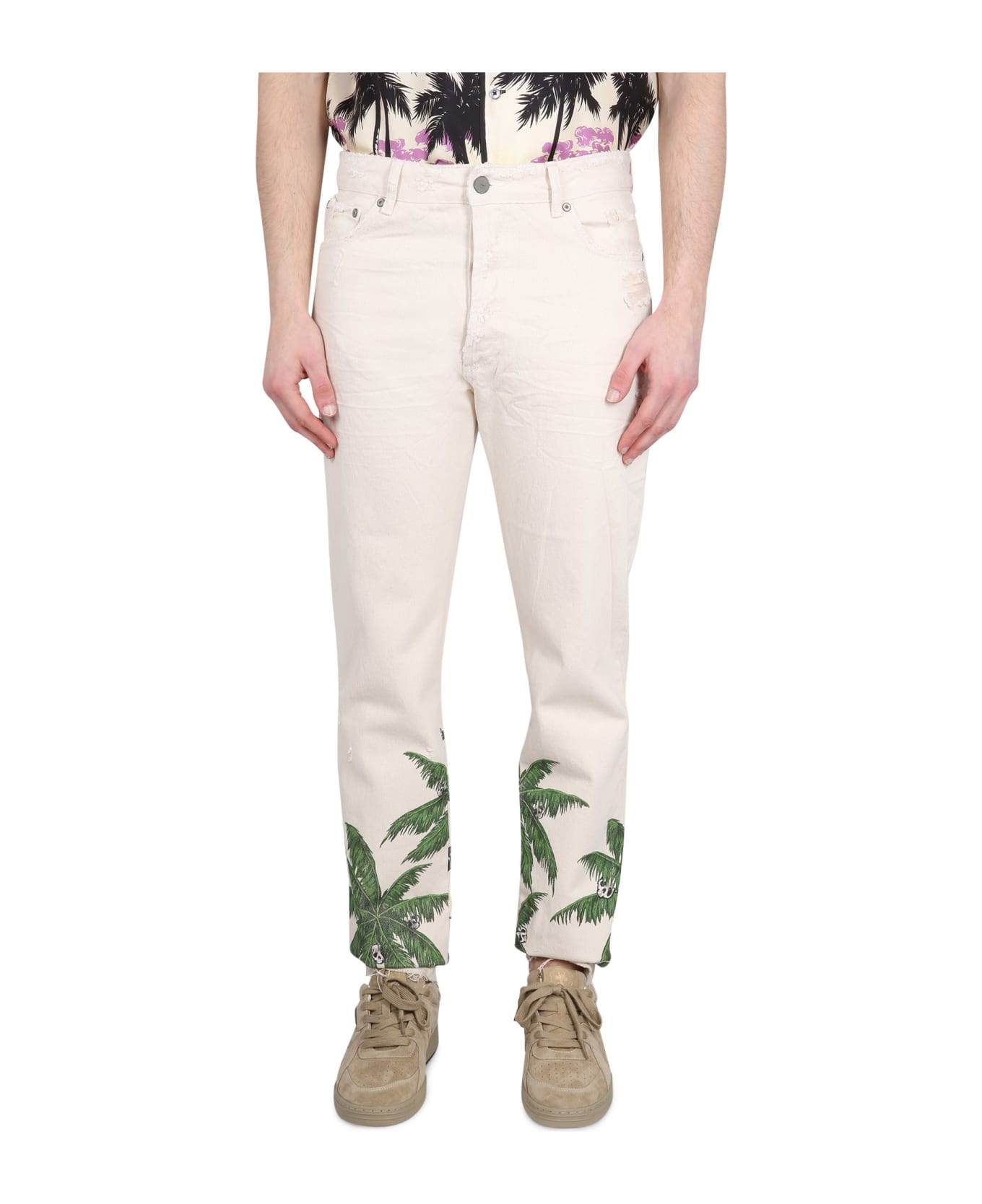 Palm Angels Palm Printed Distressed Jeans - BIANCO ボトムス