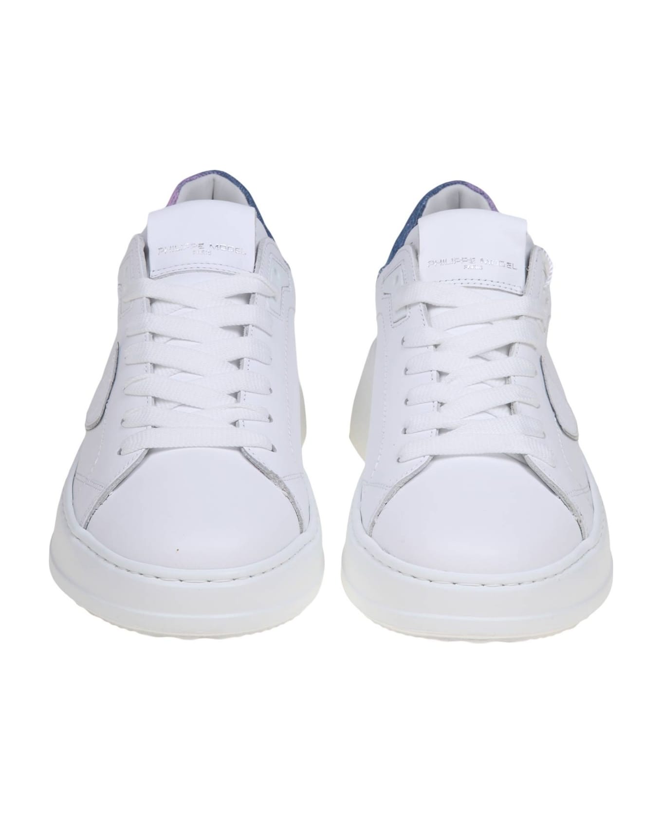 Philippe Model Tres Temple Low In White Leather And Jeans - WHITE