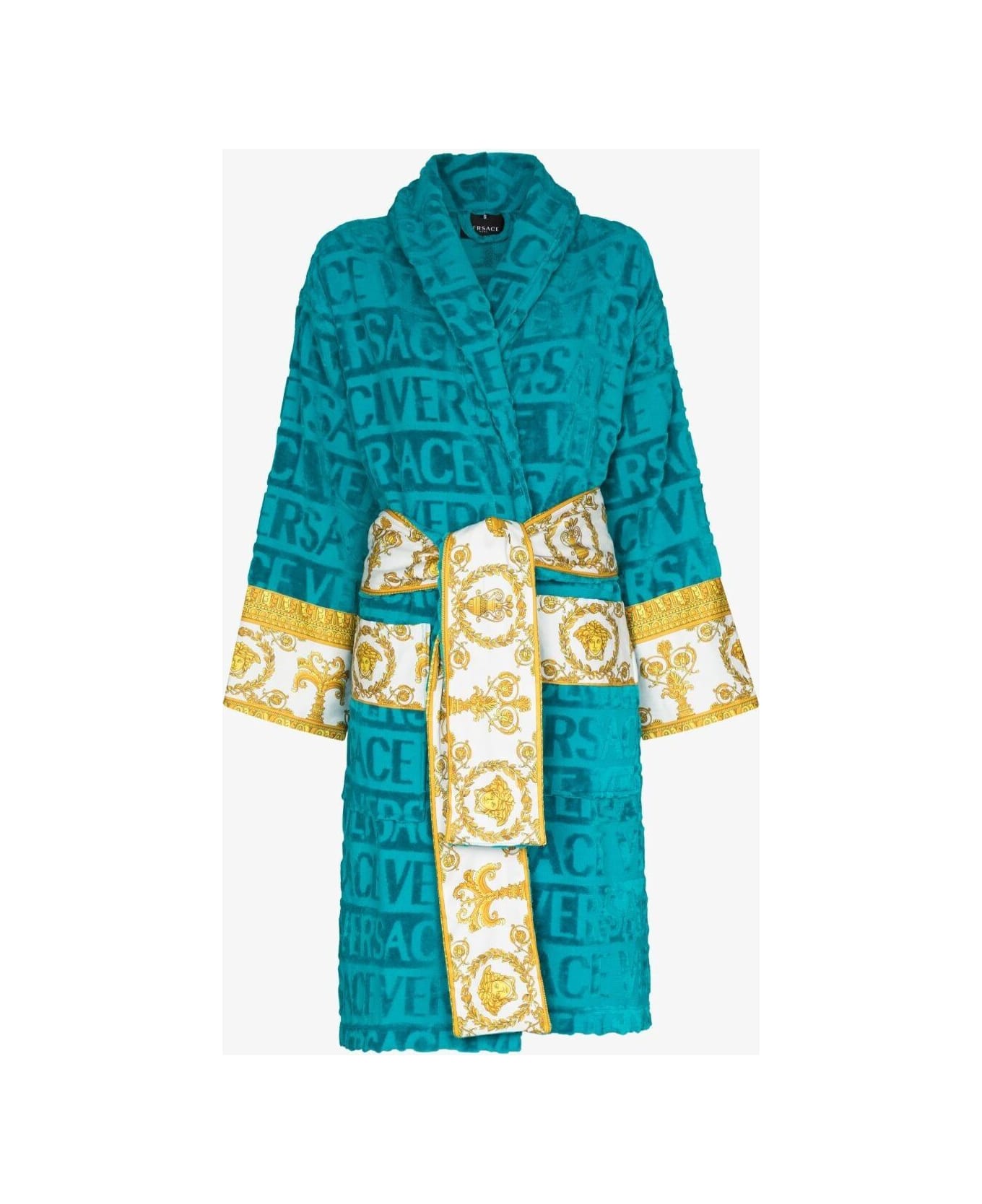 Versace Black Bathrobe With Baroque Pattern In Terry Cotton Versace Home - Black