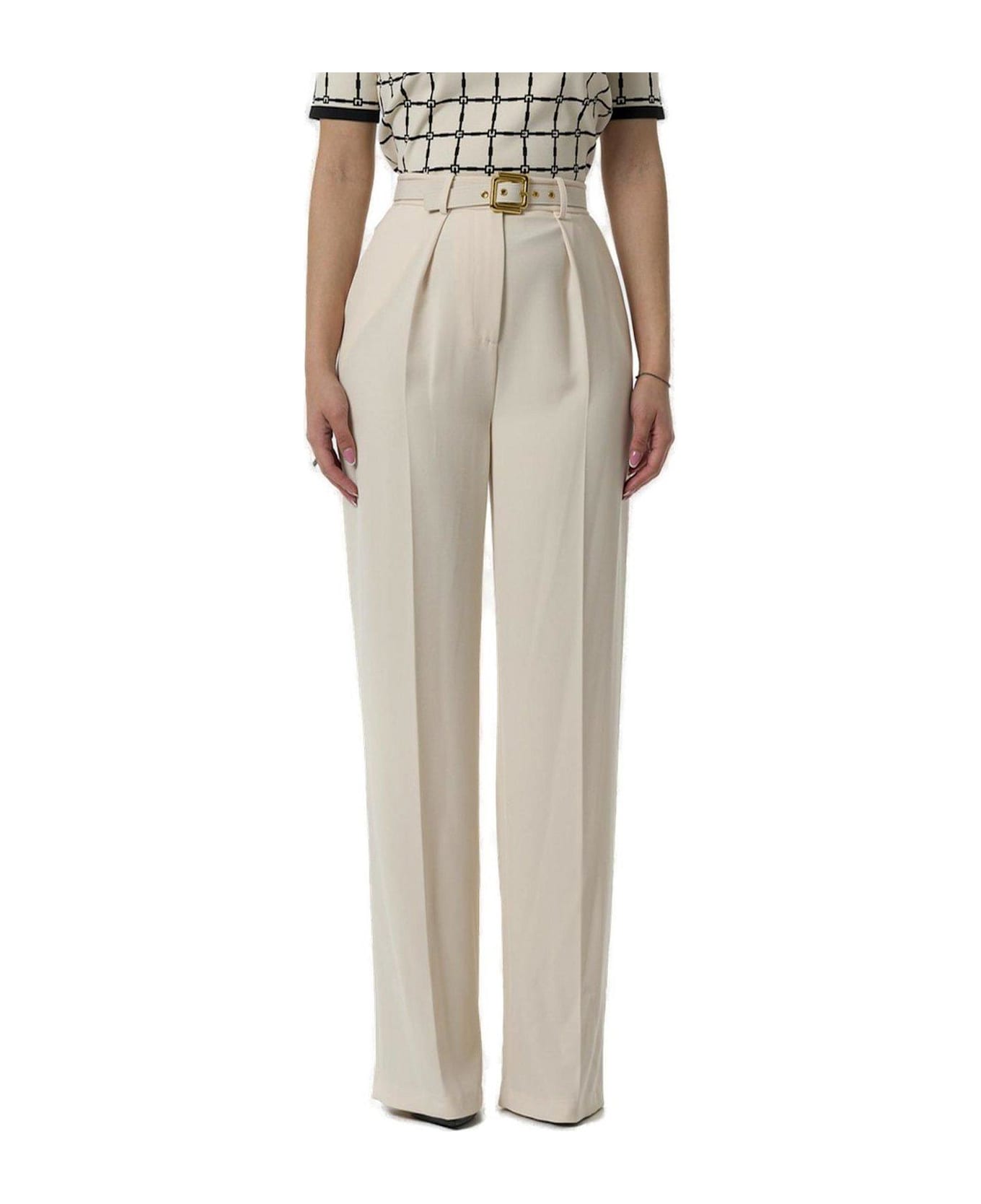 Elisabetta Franchi Belt Detailed Lightweight Crêpe Trousers - Naturale
