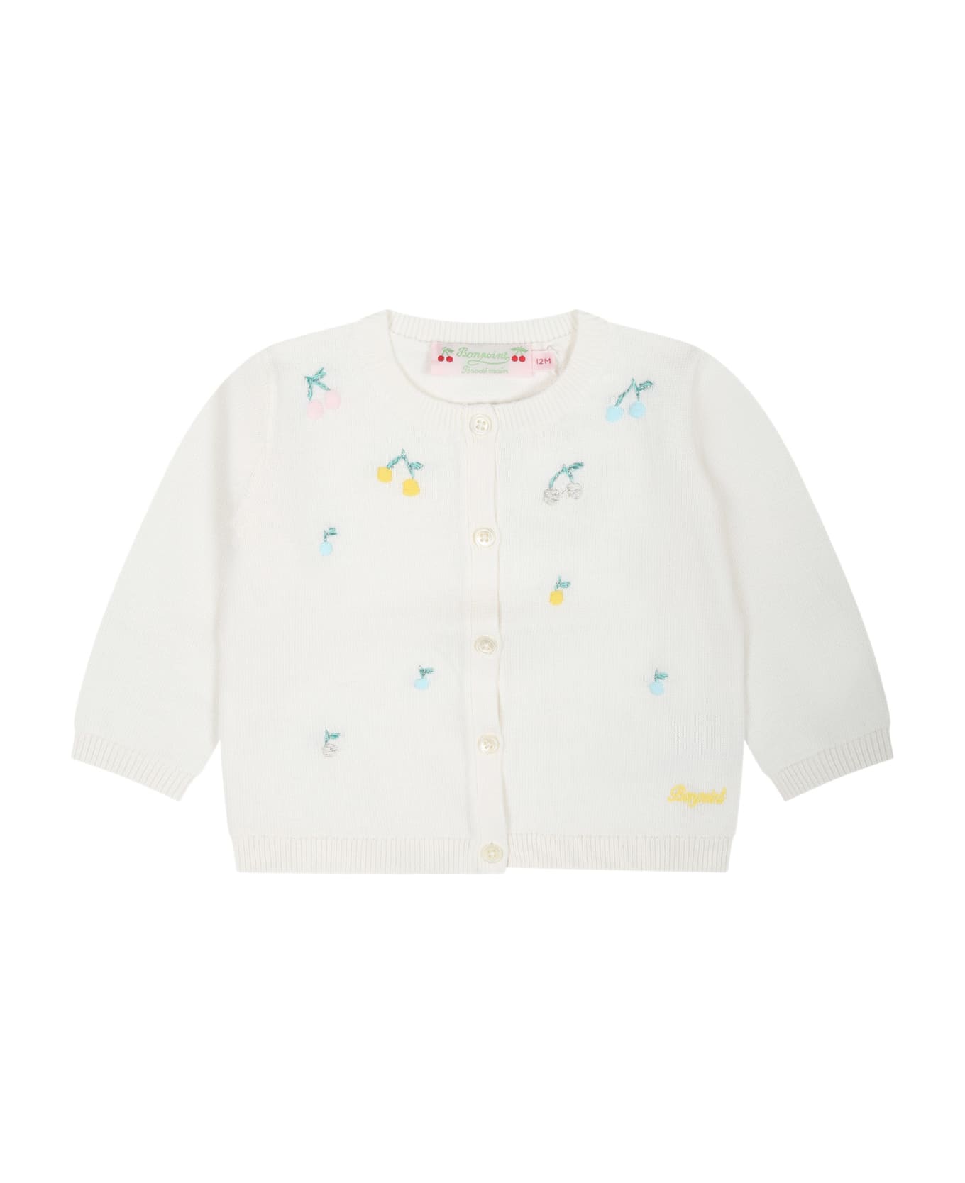 Bonpoint White Cardigan For Baby Girl With All-over Embroidered Cherries - White ニットウェア＆スウェットシャツ
