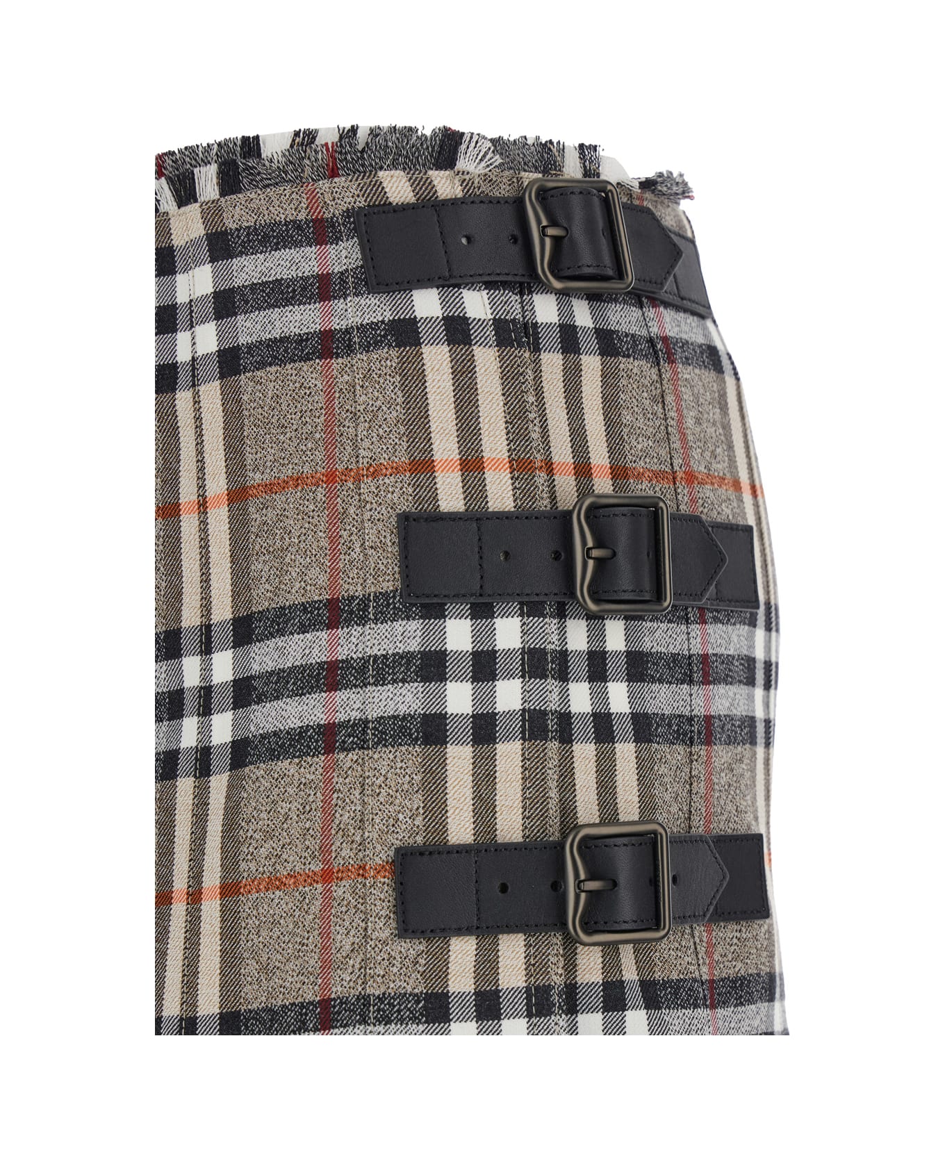 Burberry Beige Midi Skirt With Side Buckle Closure And All-over Check Motif In Wool Woman - Beige スカート