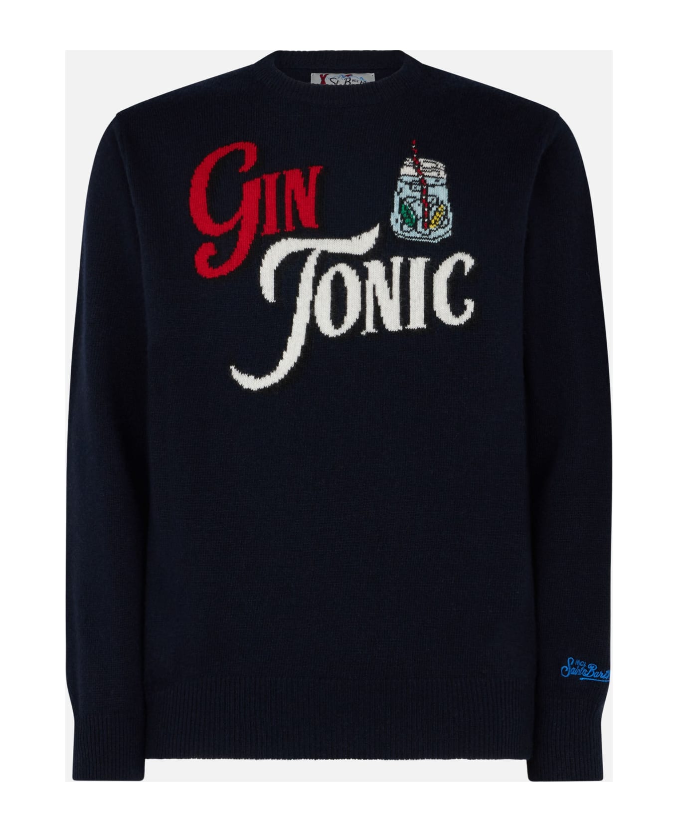 MC2 Saint Barth Man Crewneck Sweater With Gin Tonic Jacquard - BLUE
