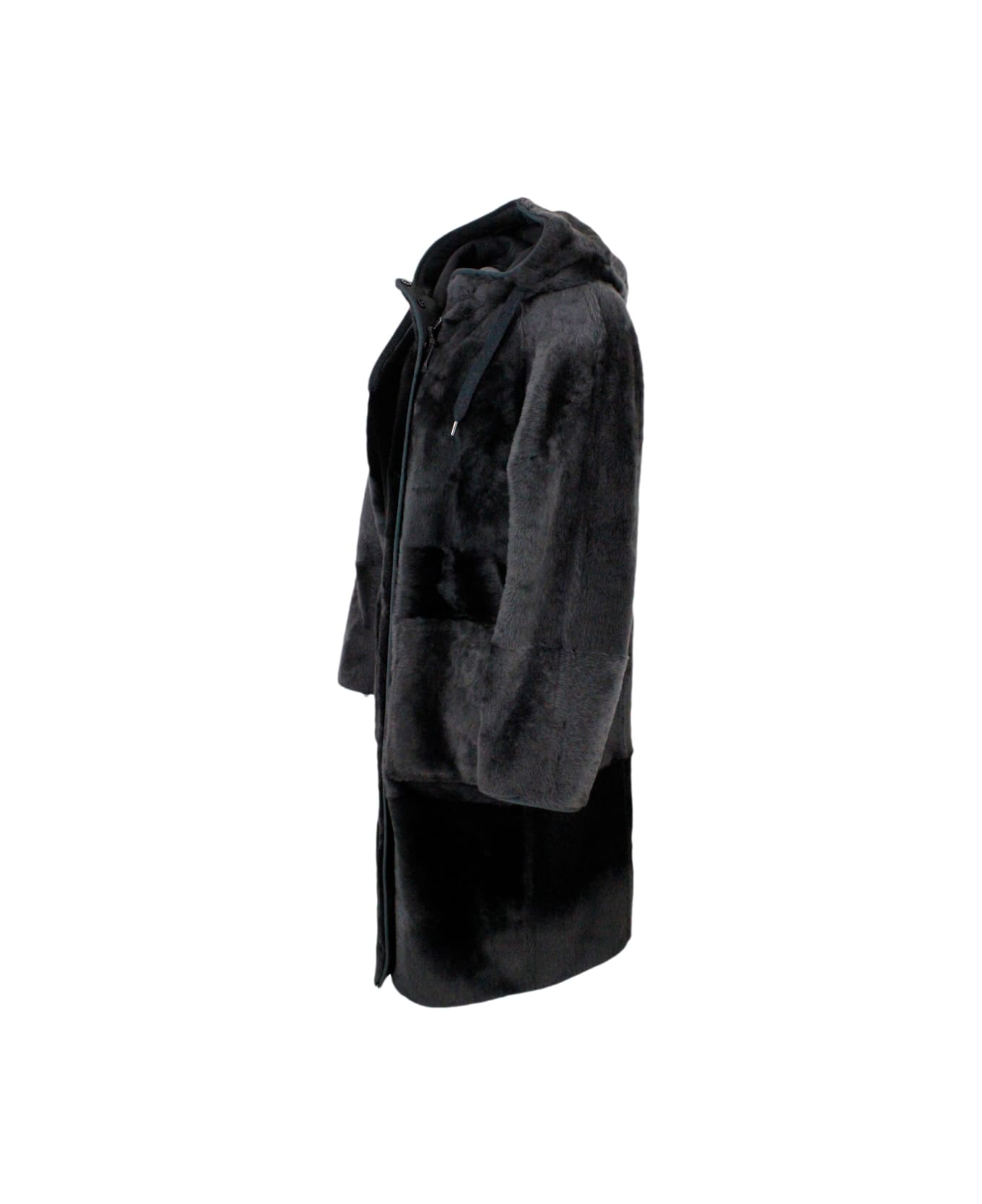 Brunello Cucinelli Reversible Coat In Soft Shearling With Hood - Grey