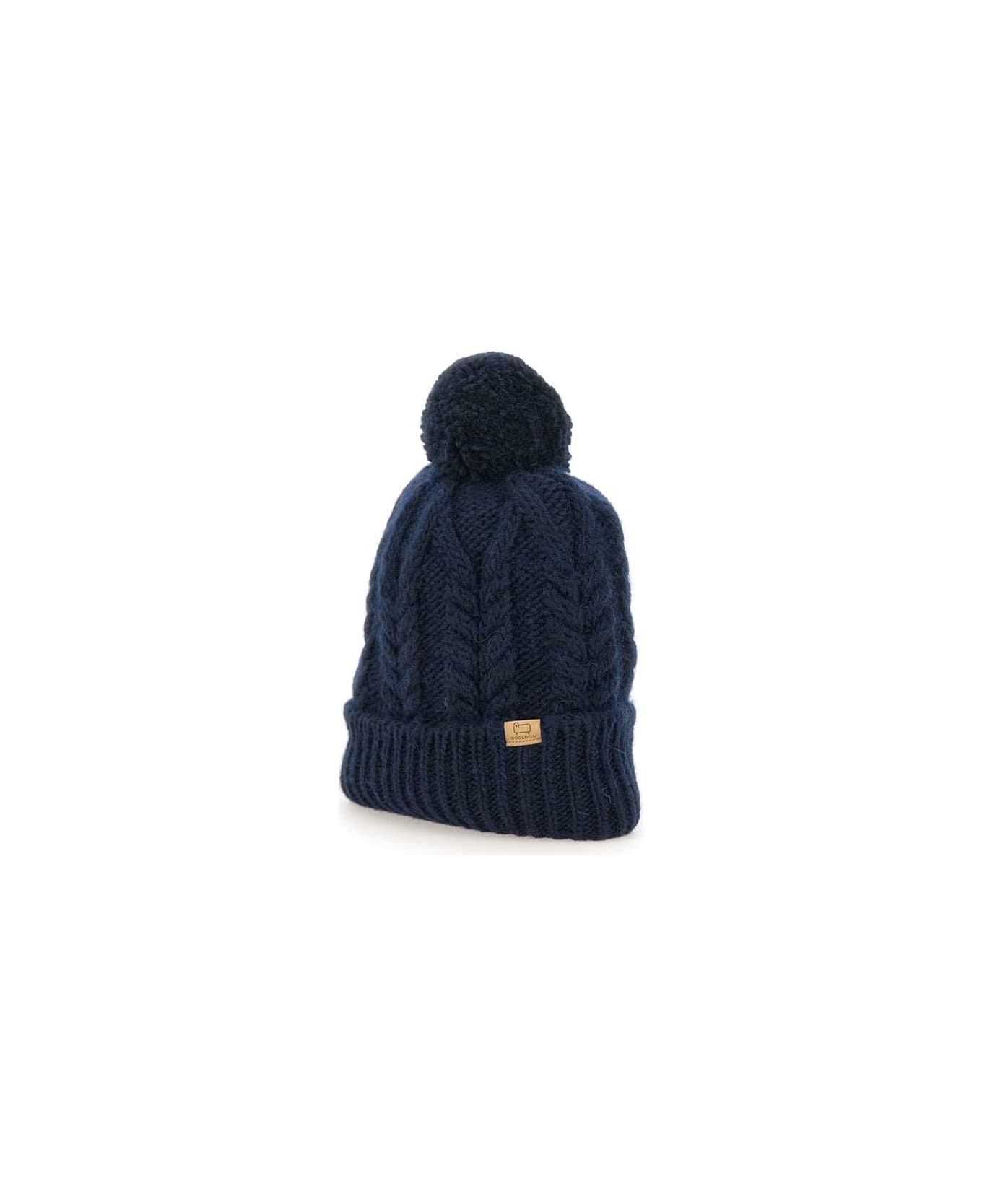 Woolrich 'cable Pom Pom Beanie' Wool And Alpaca Cap - Blue