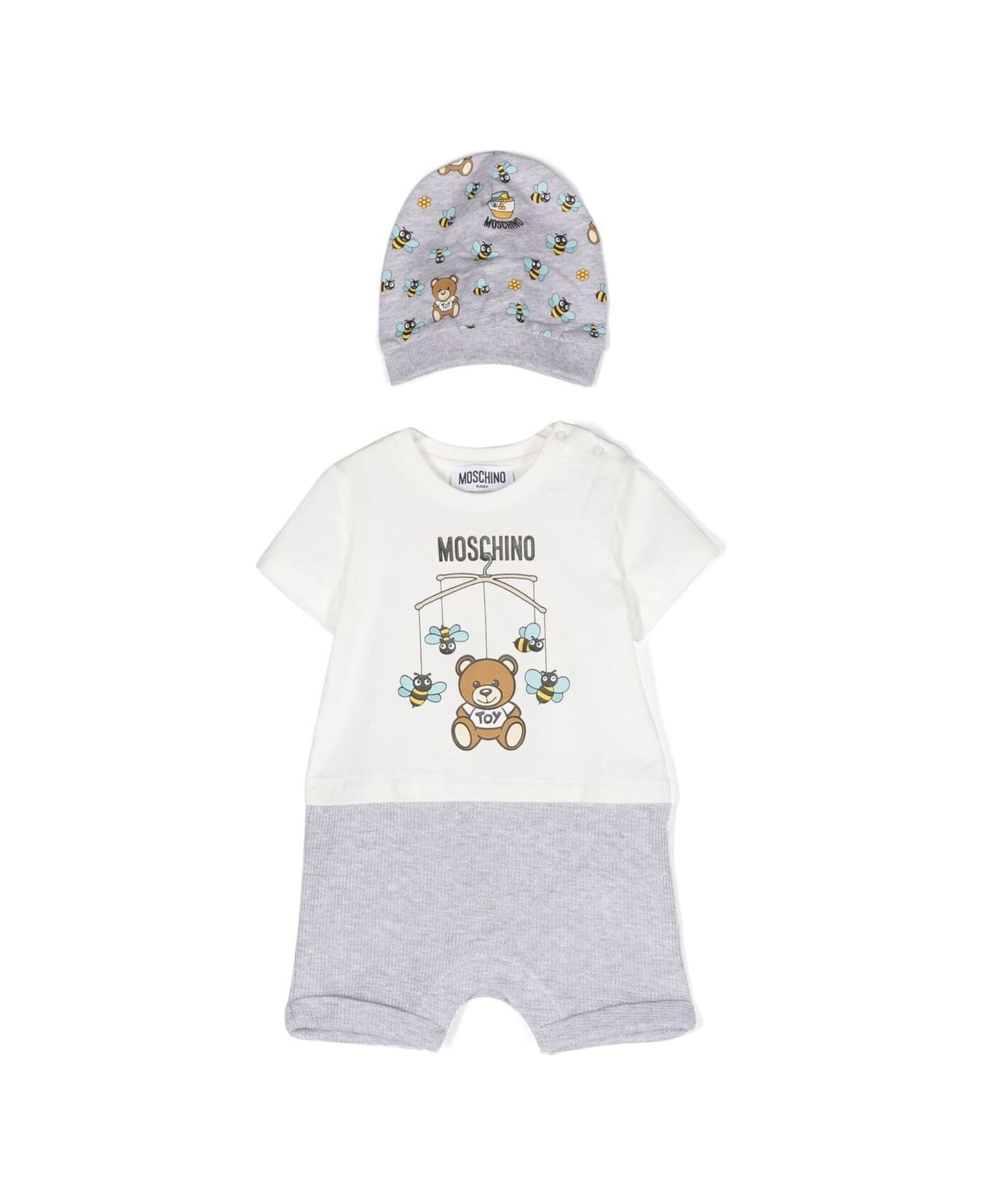Moschino Romper And Hat Set With Logo In White And Grey Cotton Baby - White