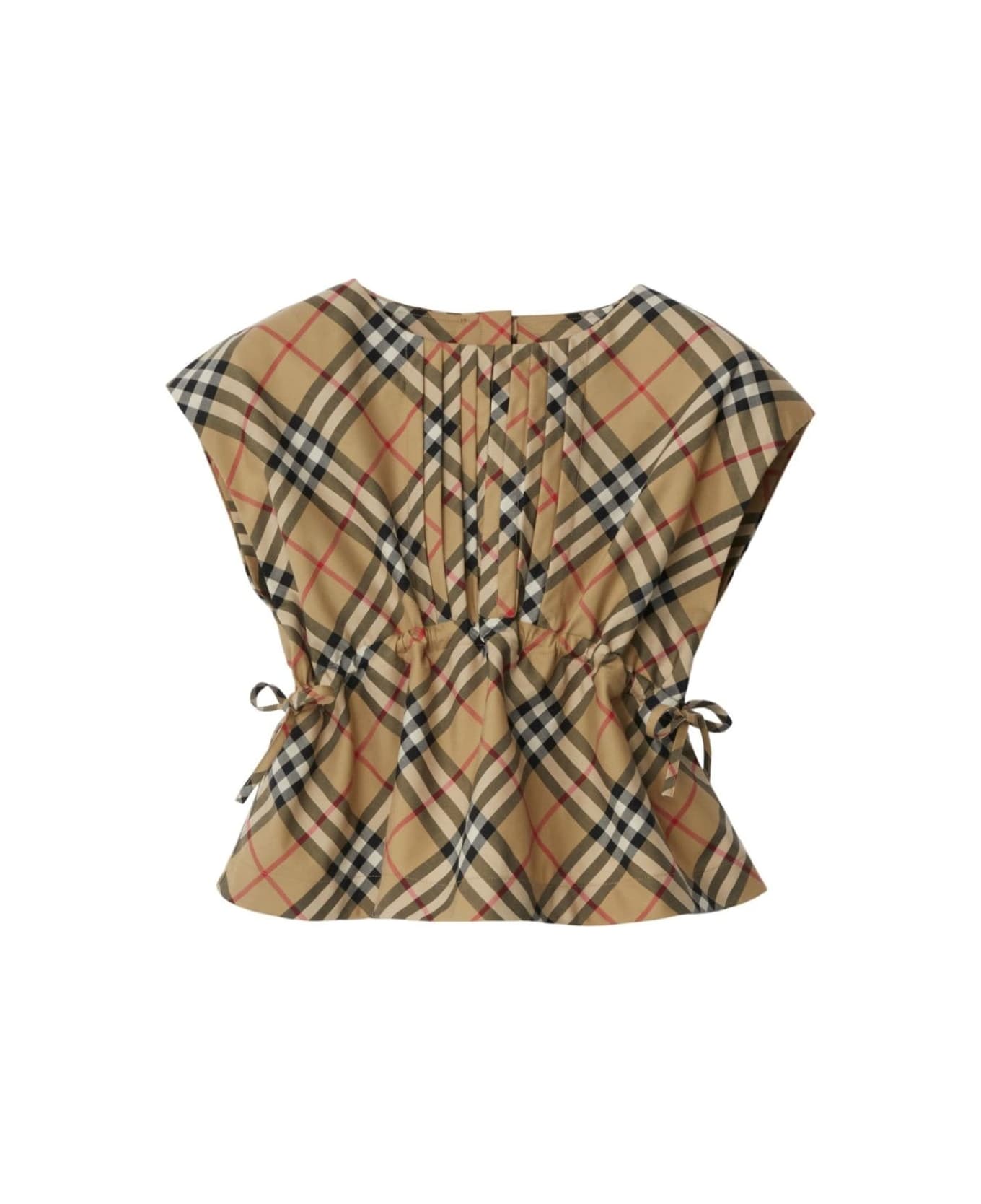 Burberry Beige Top With Pleated Detail And Check Print In Cotton Girl - Beige