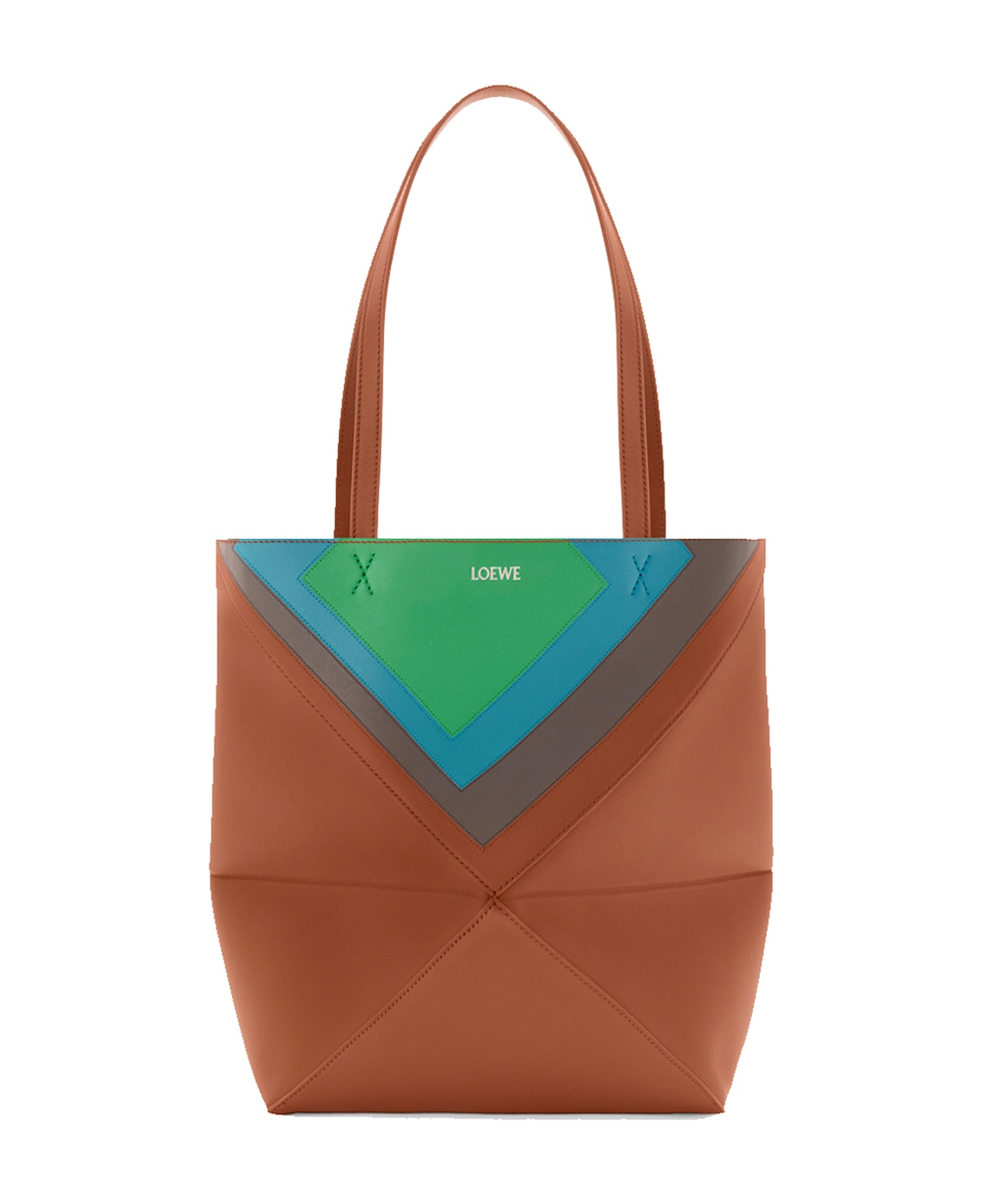 Loewe Medium Puzzle Fold Tote Bag In Calfskin Nappa - CARAMEL/BRIGHT GREEN トートバッグ