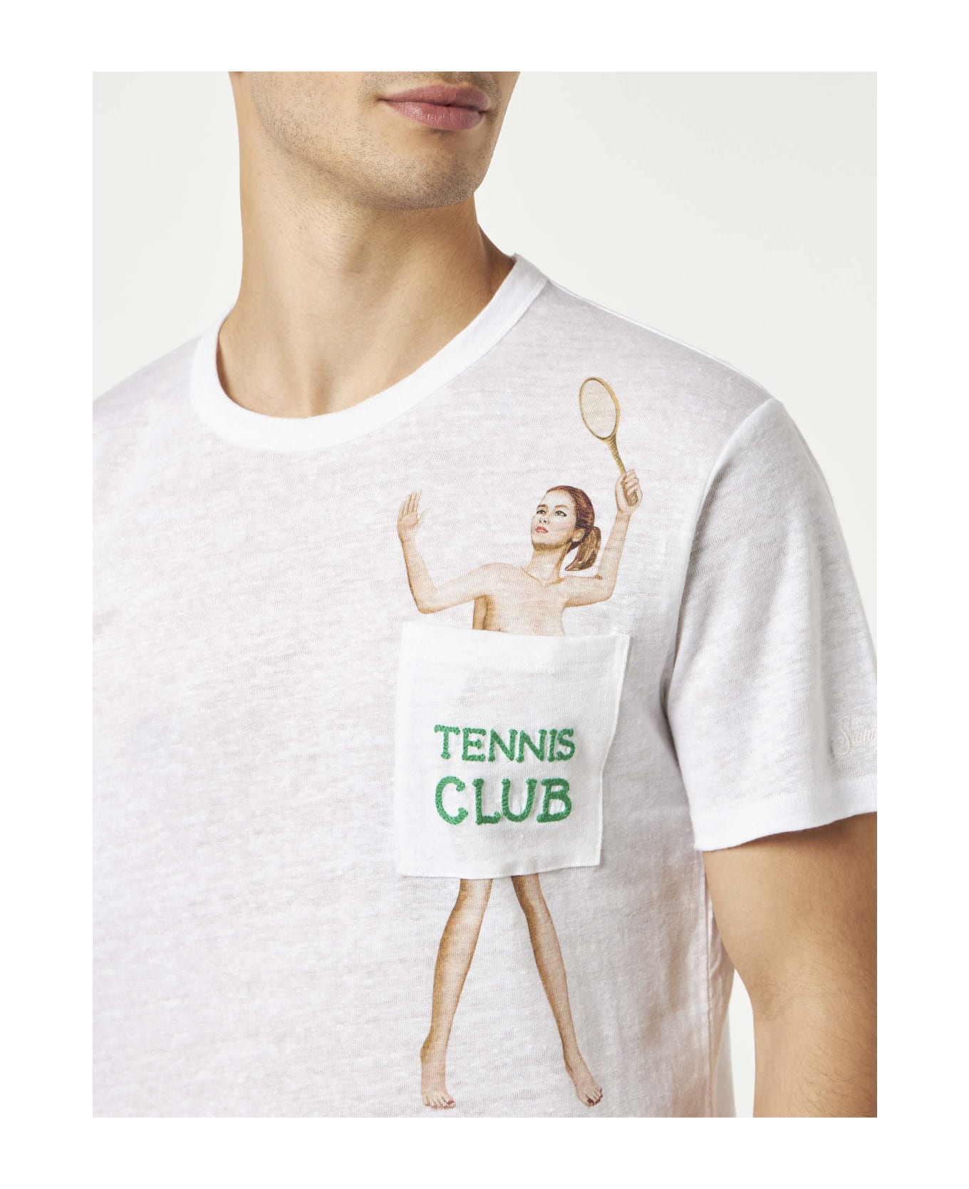 MC2 Saint Barth Man Linen Jersey T-shirt With Tennis Club Embroidery