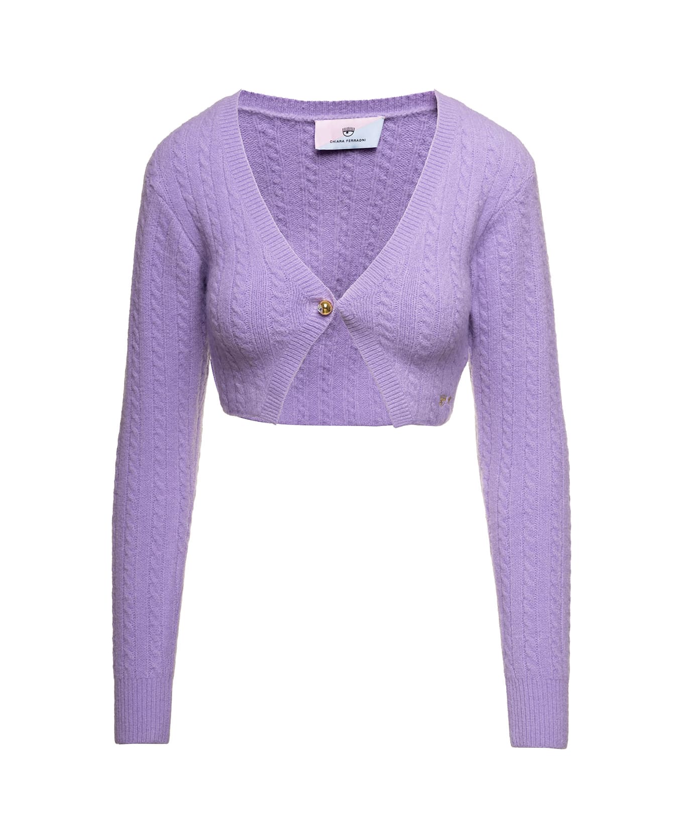 Chiara Ferragni Purple Cable-knit Cropped Cardigan With Embroidered Logo In Stretch Wool Blend Woman - Lilac