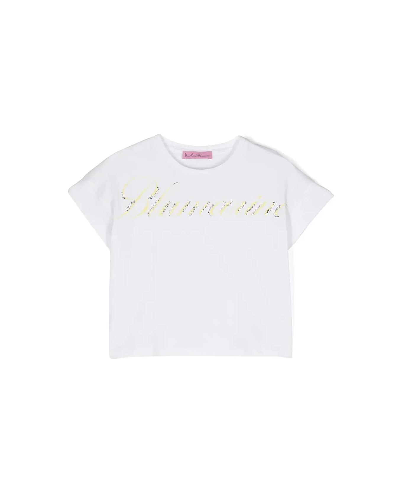 Miss Blumarine White T-shirt With Logo Print With Rhinestones - Bianco