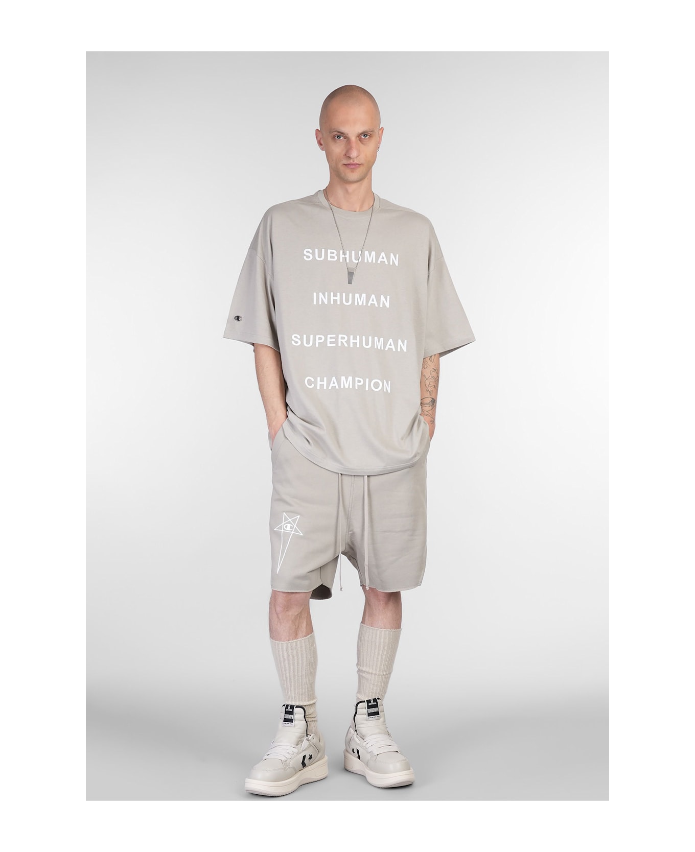 Rick Owens x Champion Beveled Pods Shorts In Taupe Cotton - taupe