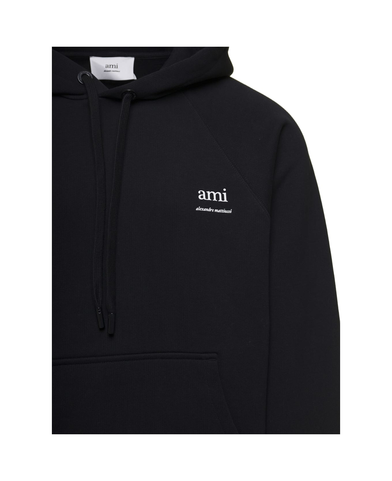 Ami Alexandre Mattiussi Black Hoodie With Drawstring Hood And Logo Detail On The Front In Cotton Man - Black