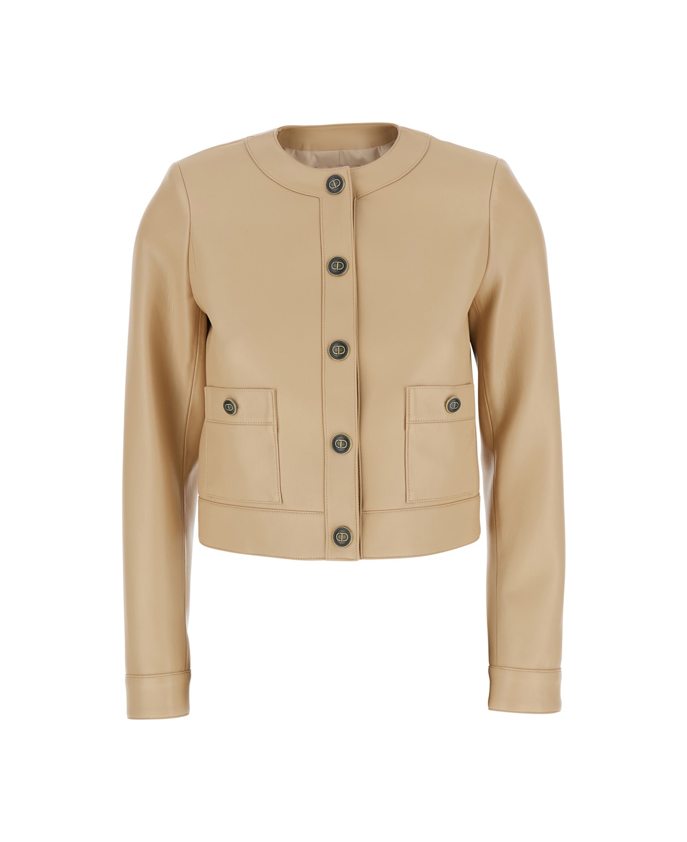 TwinSet Beige Crewneck Jacket With Logo Buttons In Leather Woman - Beige