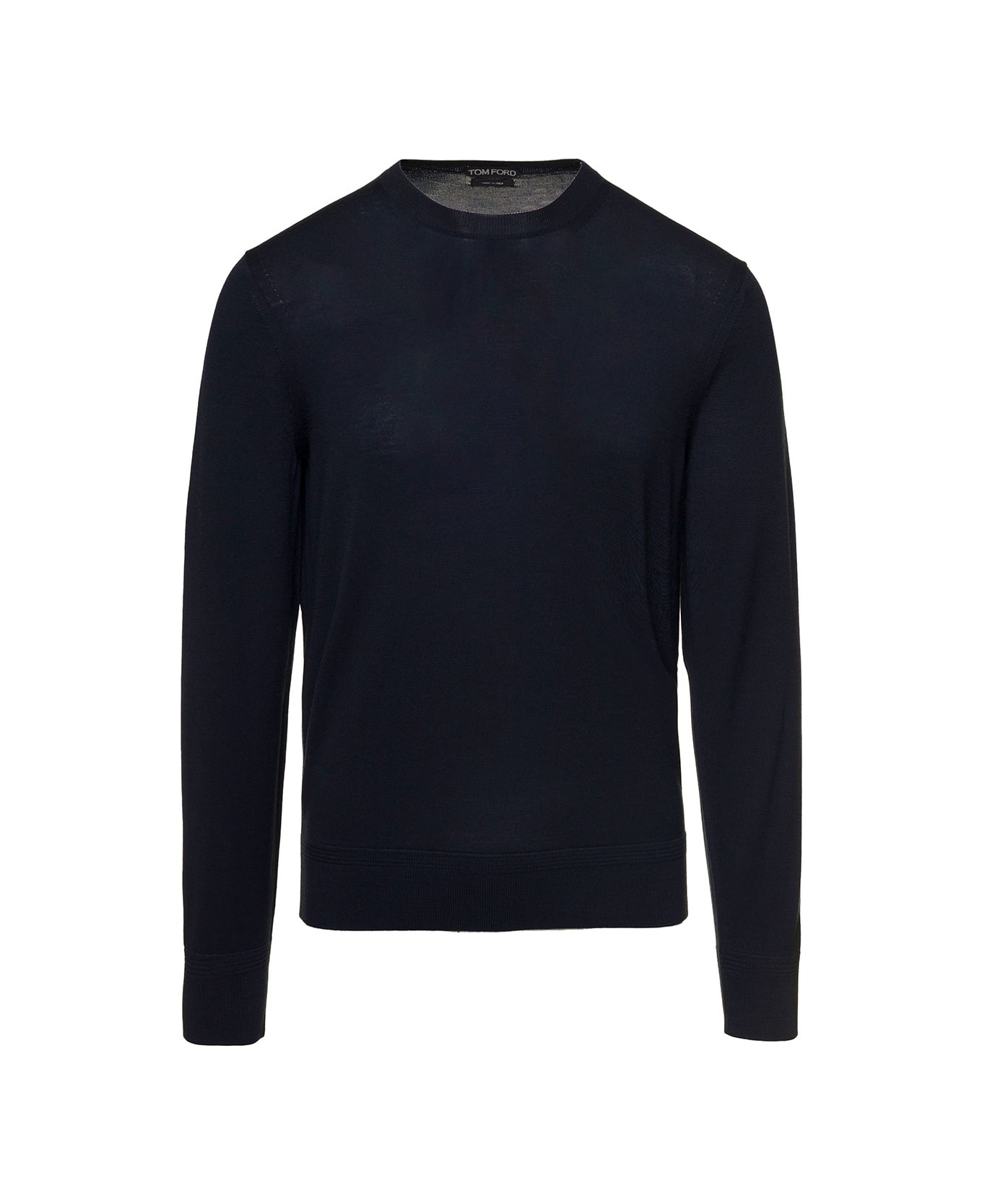 Tom Ford Dark Blue Crewneck Pullover With Rib Trim In Wool Man - BLUE