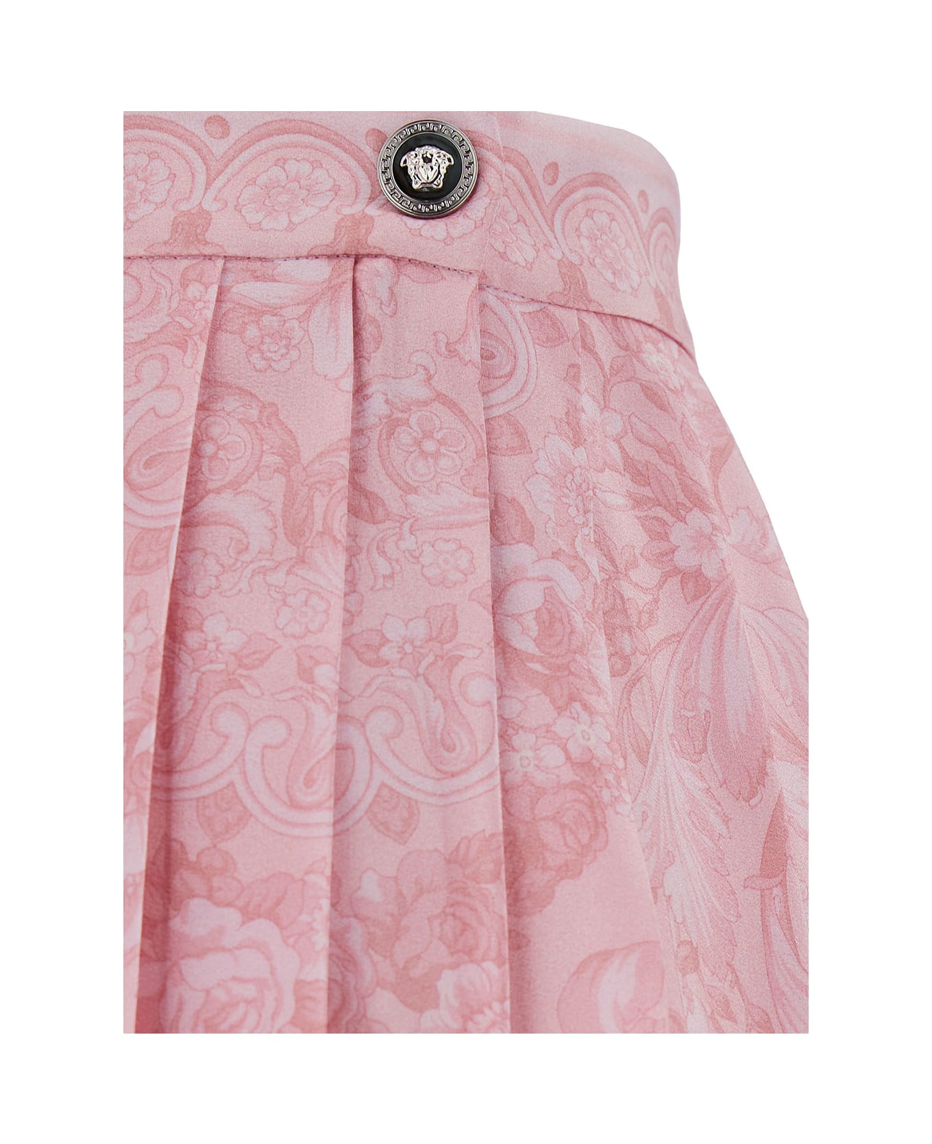 Versace Pink Pleated Mini Skirt With Barocco Motif In Silk Woman - Pink