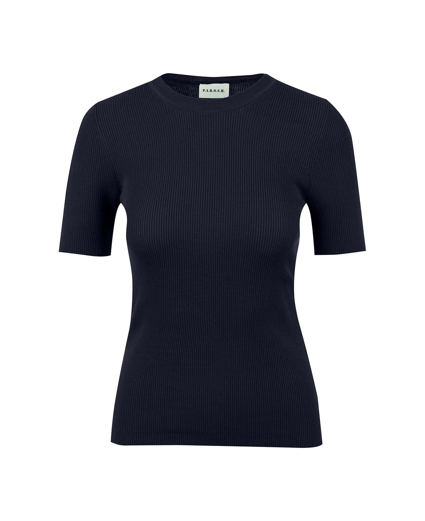 Parosh Fine Ribbed Crewneck T-shirt - Blu Tシャツ
