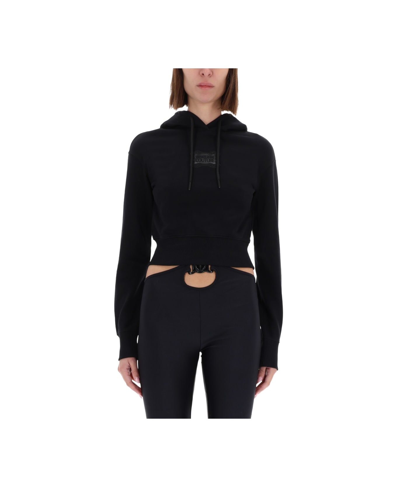 Versace Jeans Couture Cropped Sweatshirt With "baroque" Logo Patch - BLACK