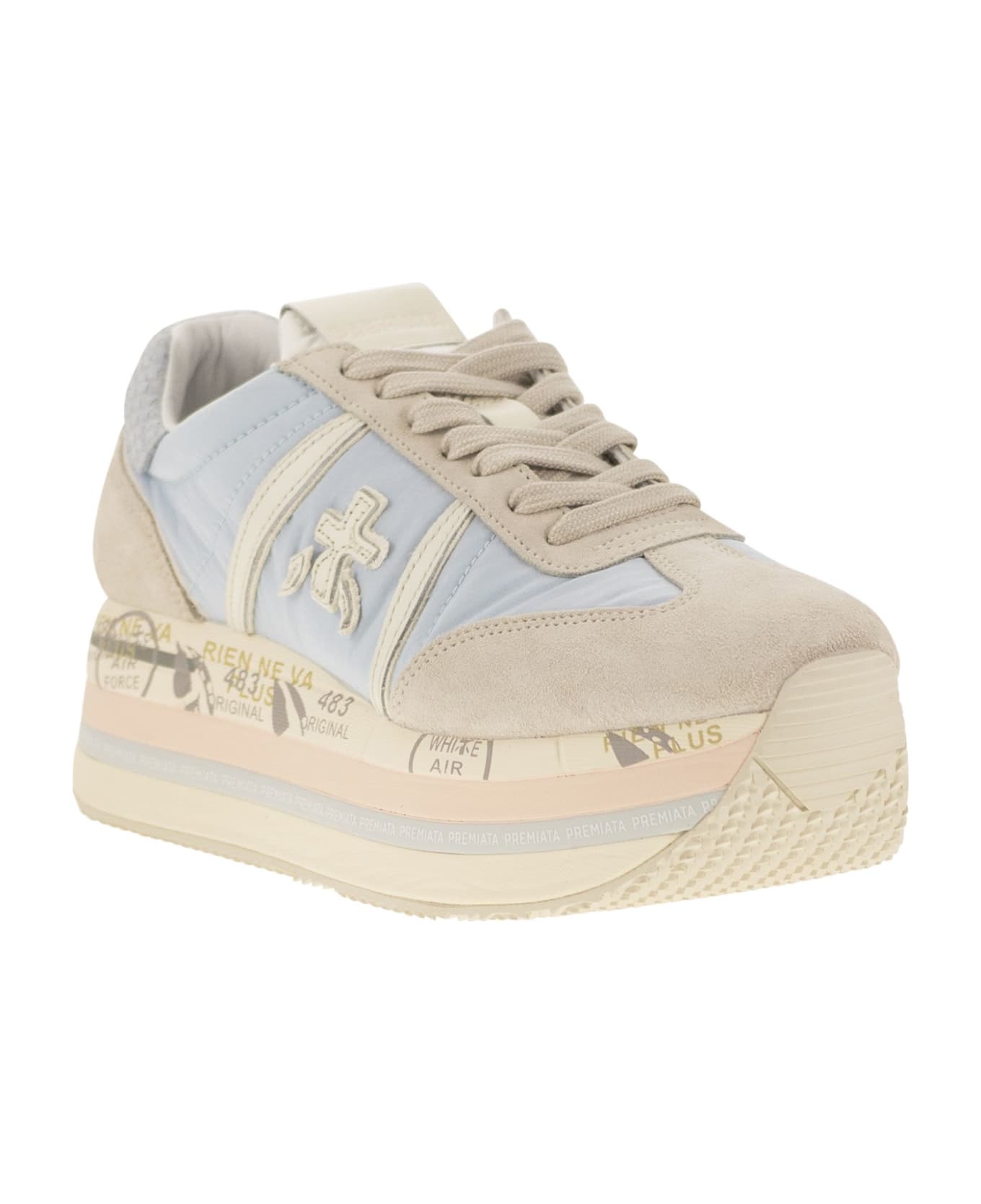Premiata Beth Sneakers In Beige Suede And Fabric - White/light Blue