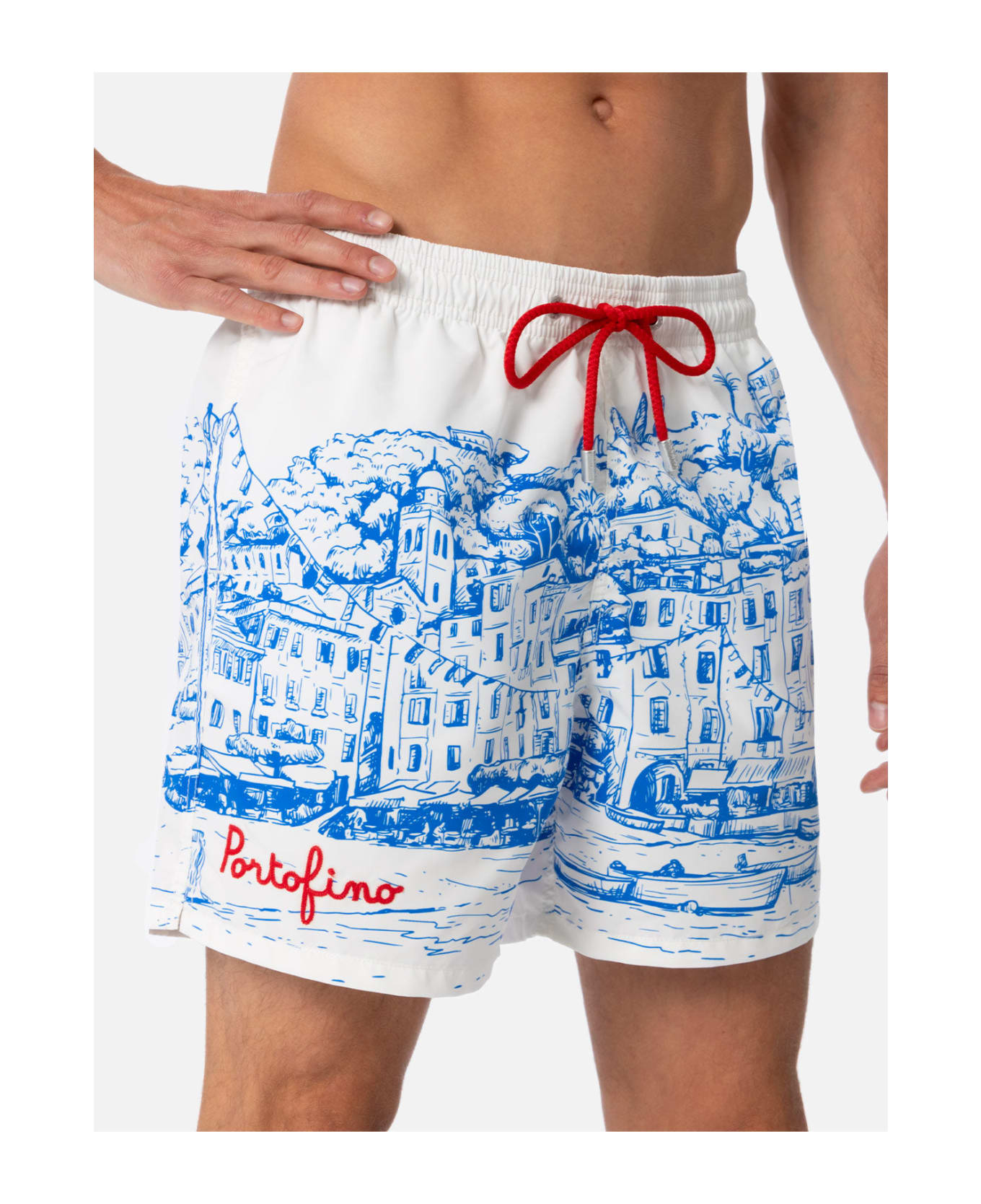 MC2 Saint Barth Man Mid-length Gustavia Swim-shorts With Portofino Placed Print - WHITE