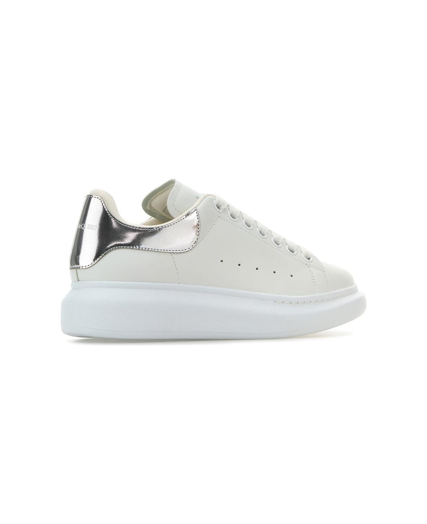 Alexander McQueen White Leather Sneakers With Silver Leather Heel - White