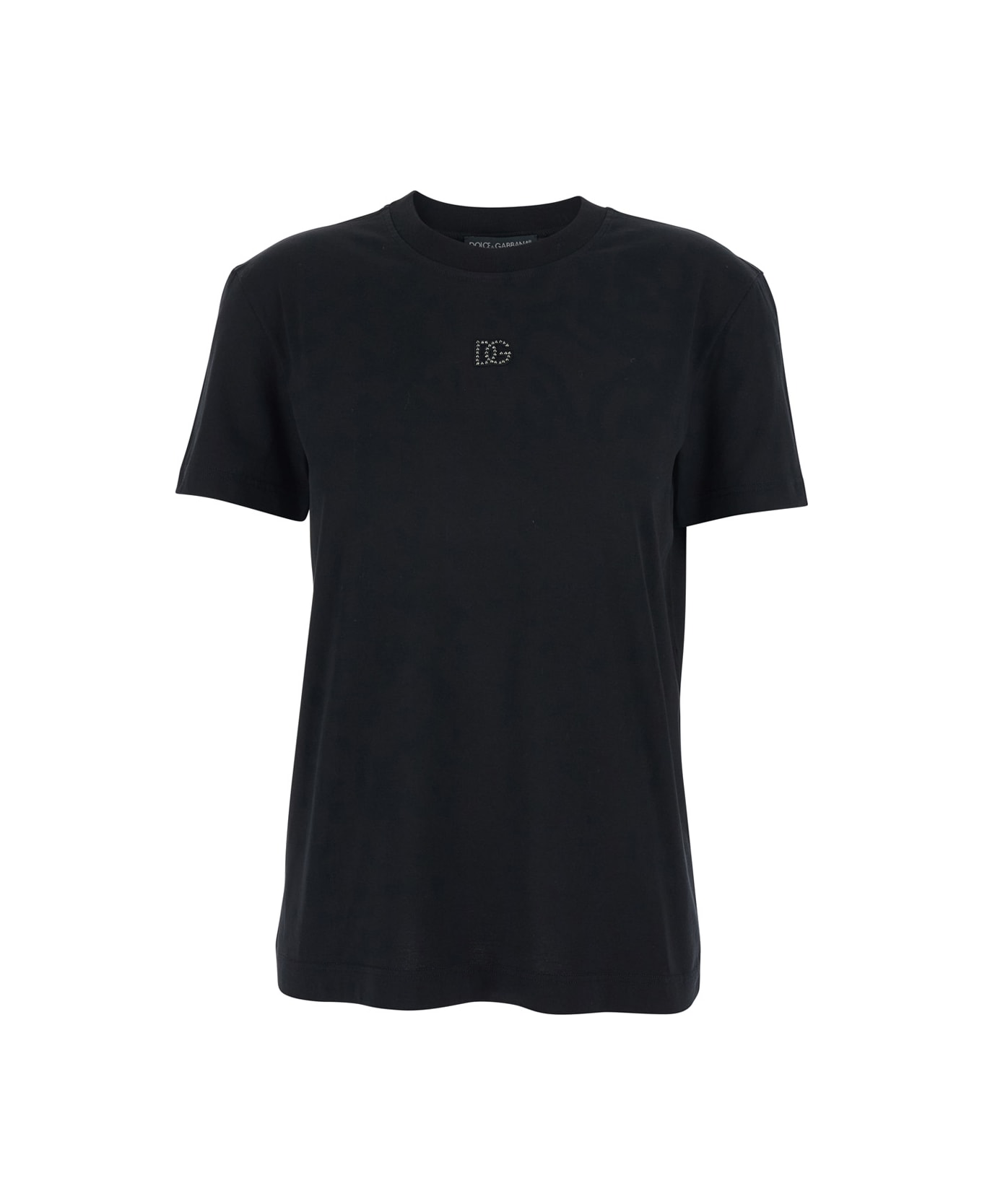 Dolce & Gabbana Black Crewneck T-shirt With Logo Embroidery With Beads On The Front In Cotton Woman - Black